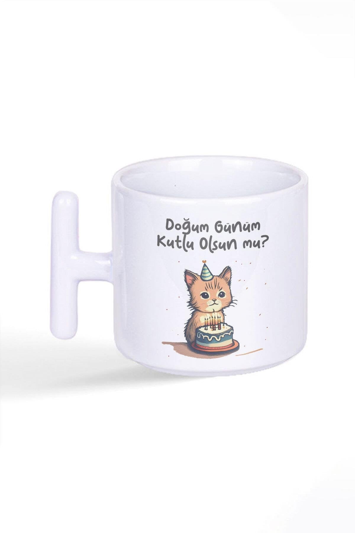 Doğum Günüm Kutlu Olsun Mu? Sevimli Komik Kedi Baskılı Latte Fincanı T Kulplu Kupa Bardak