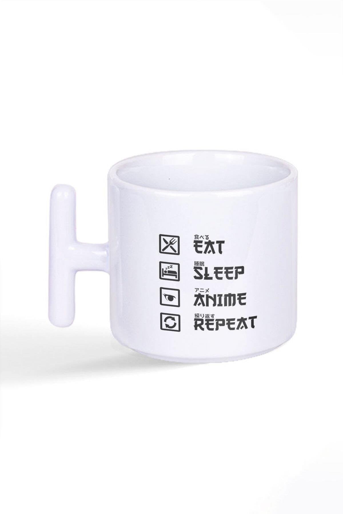 Eat Sleep Anime Repeat Hediye Baskılı Latte Fincanı T Kulplu Kupa Bardak