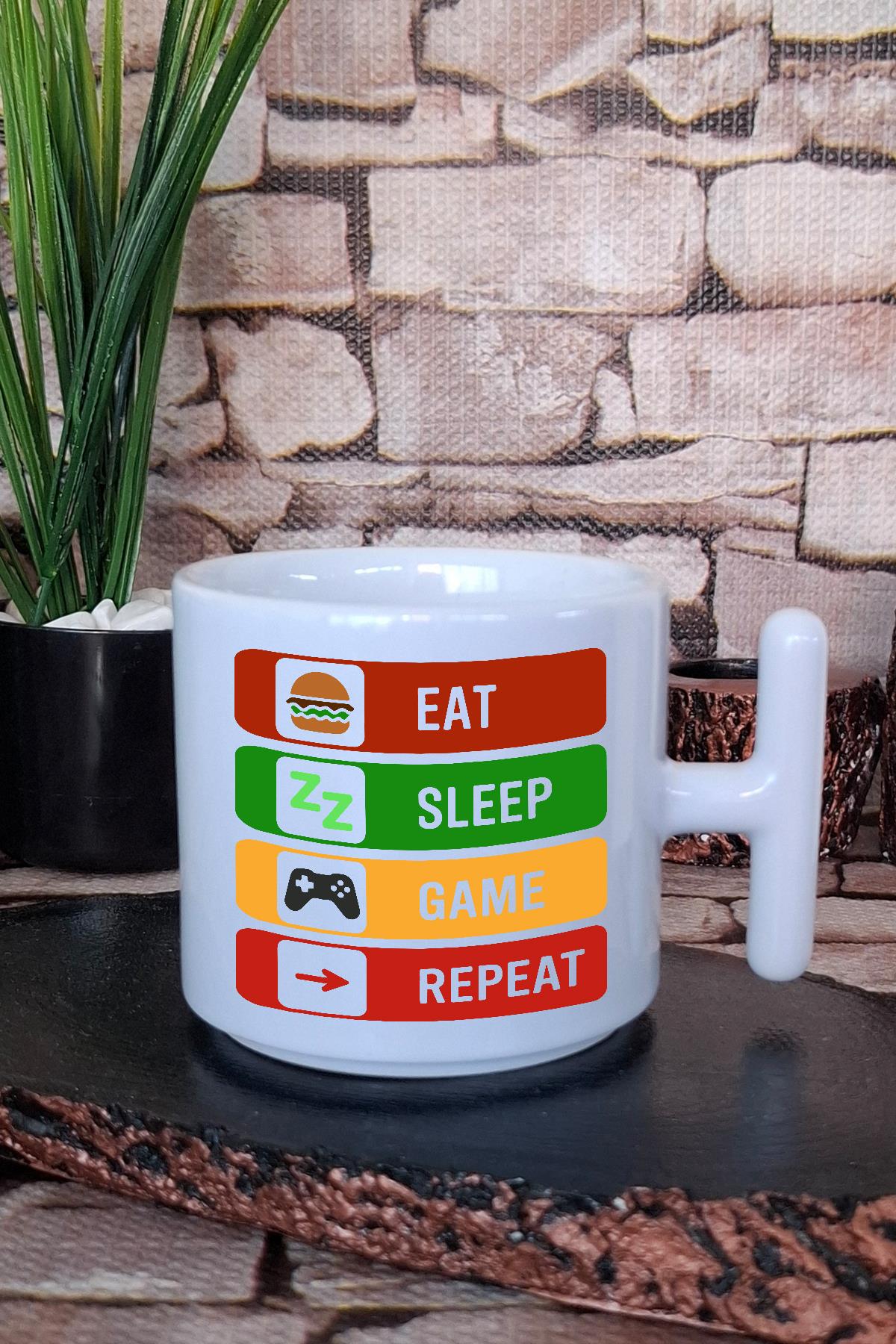Eat Sleep Game Repeat Oyuncu Gamer Hediyelik Baskılı T Kulplu Latte Fincanı Kupa Bardak