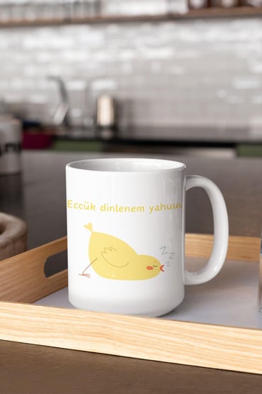 Eccük Dinlenem Yahu-Civciv Baskılı Eğlenceli Hediyelik Beyaz Kupa Bardak