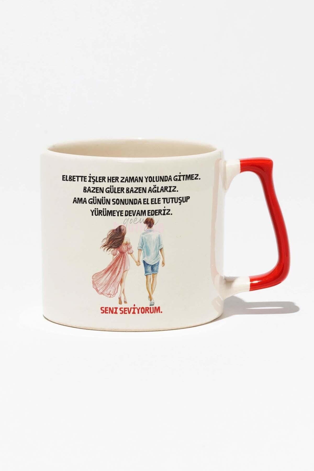 El Ele Yürümeye Devam Ederiz Romantik Hediyelik Baskılı Kırmızı Kulplu Modern Seramik Kupa