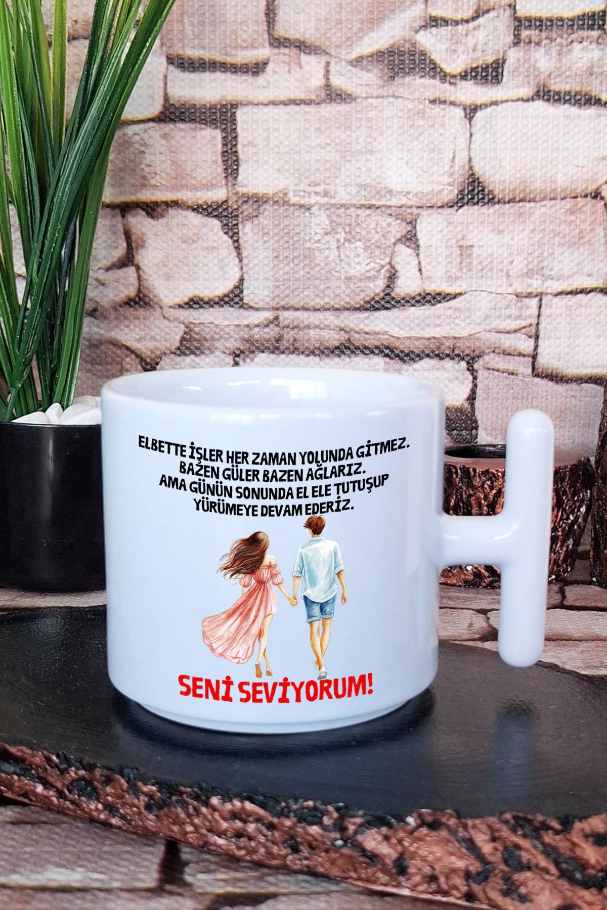 Eş, Sevgili, Çift, Karı Koca Baskılı Romantik Hediyelik T Kulplu Latte Fincanı Kupa Bardak