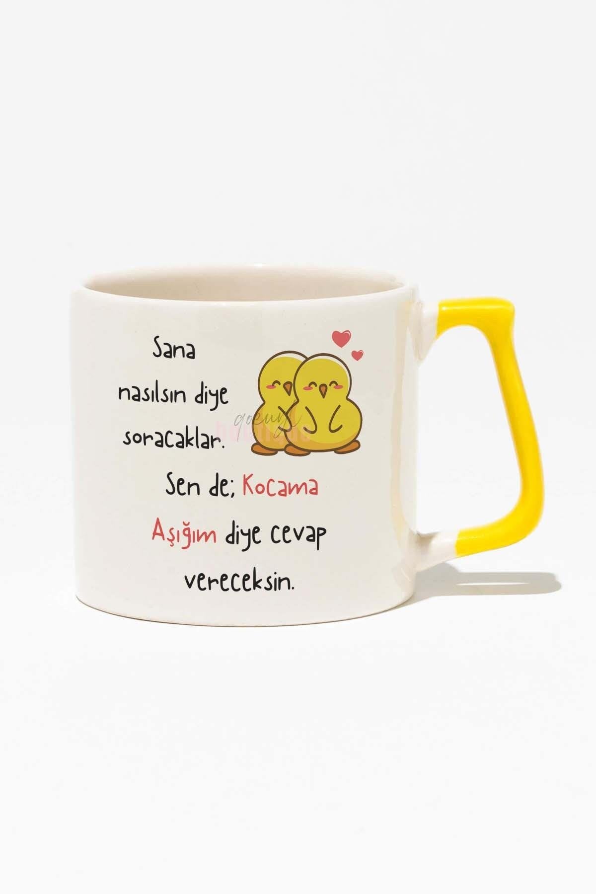 Eş, Sevgili, Çift, Karı Koca Baskılı Sarı Kulplu Modern Seramik Kupa