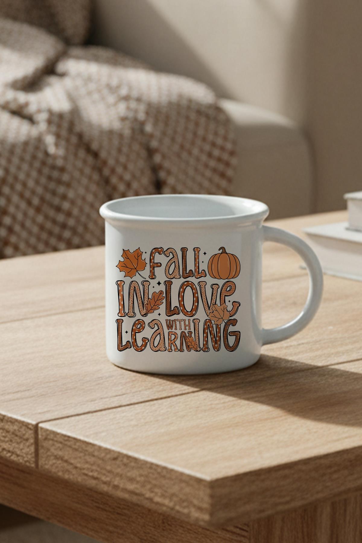 Fall In Love With Learning Baskılı Enamel Görünümlü Seramik Vintage Kupa Bardak