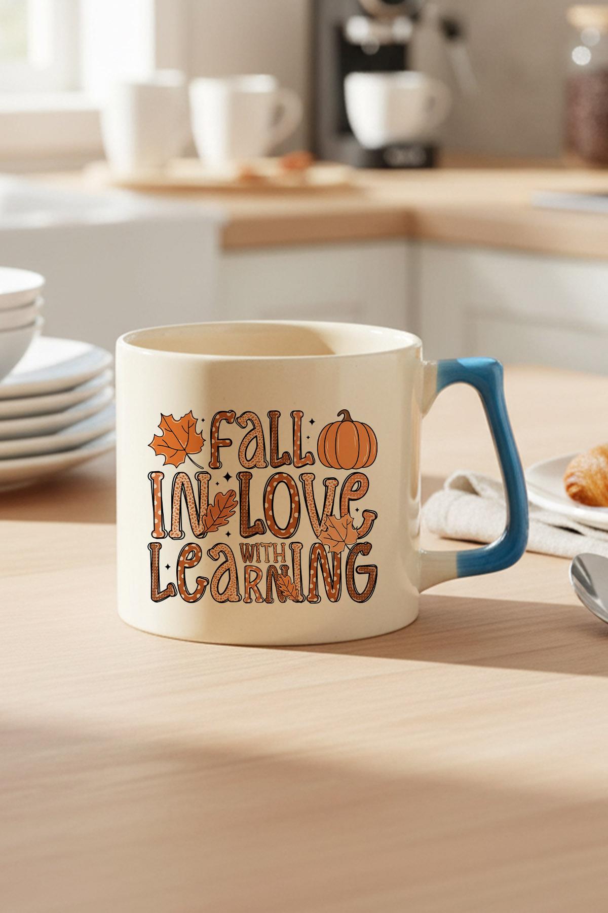 Fall In Love With Learning Baskılı Mavi D Kulplu Kupa Bardak