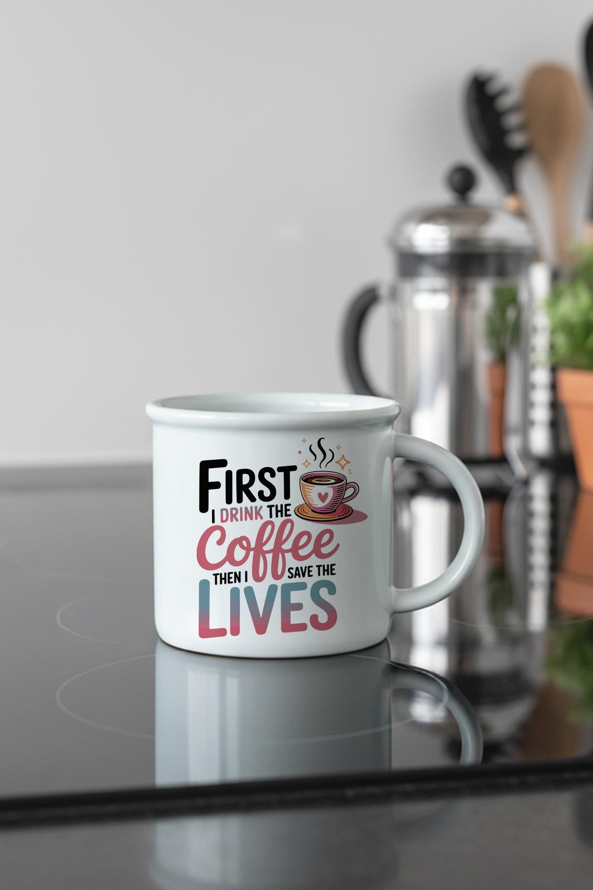 First The Coffee Baskılı Enamel Görünümlü Seramik Vintage Kupa Bardak