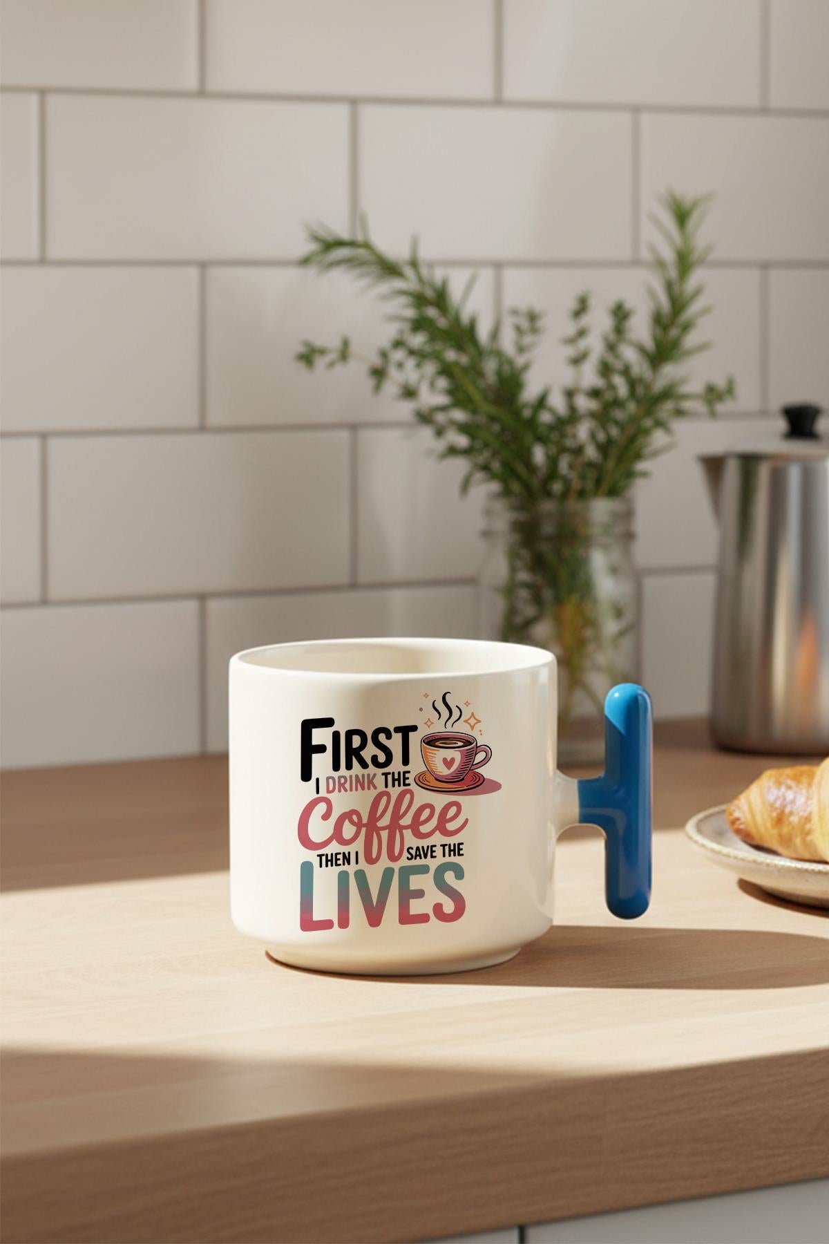 First The Coffee Baskılı Hediyelik T Kulplu Latte Fincanı Kupa Bardak