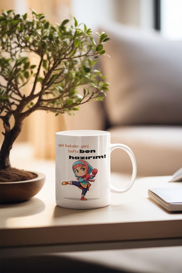 Gel Bakalım Yeni Hafta Ben Hazırım-Tesettürlü Kız Figürlü Baskılı Eğlenceli Hediyelik Kupa Bardak
