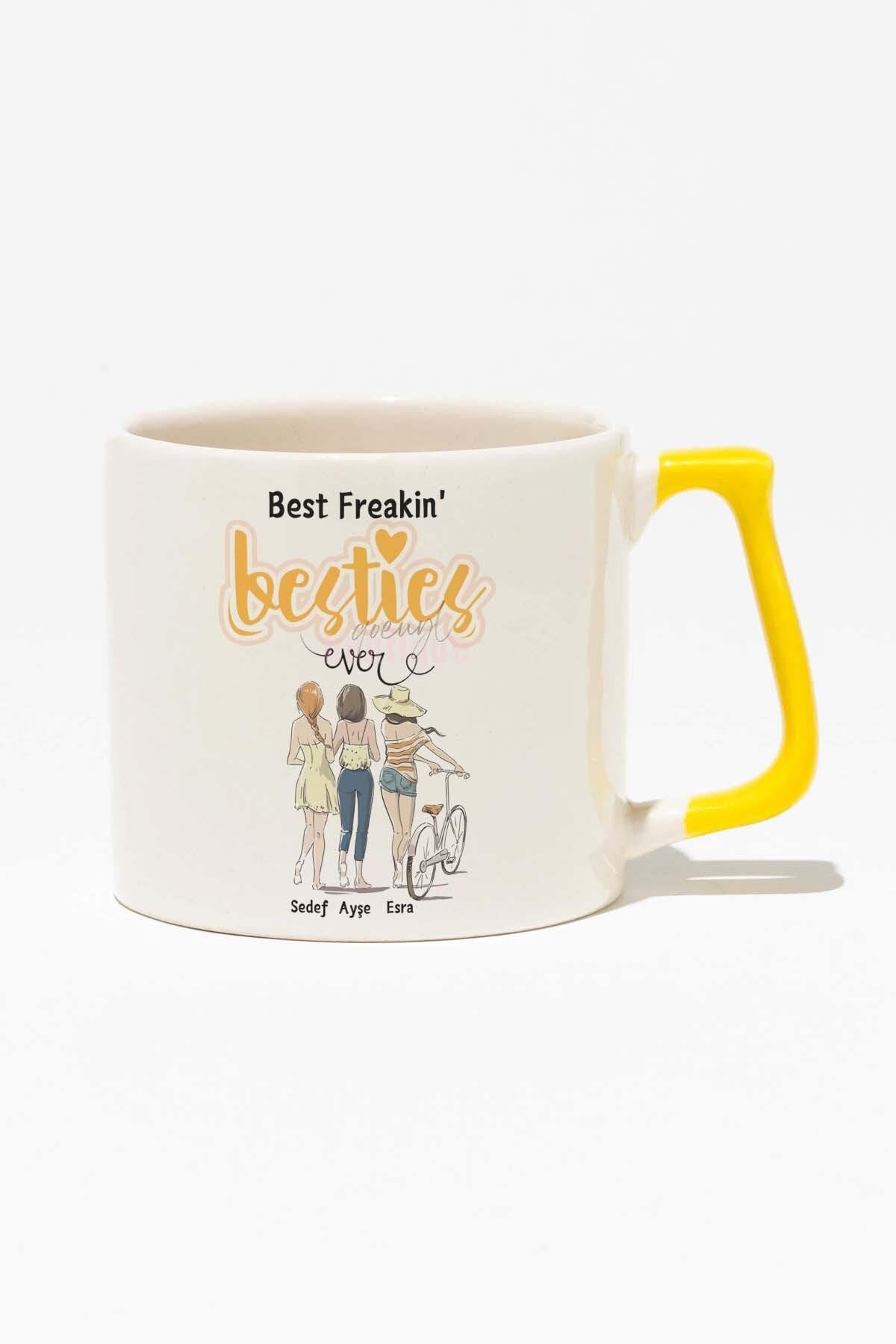 Gelmiş Geçmiş En İyi Arkadaş 3lü-Kişiselleştirilebilir Baskılı Sarı Kulplu Modern Seramik Kupa
