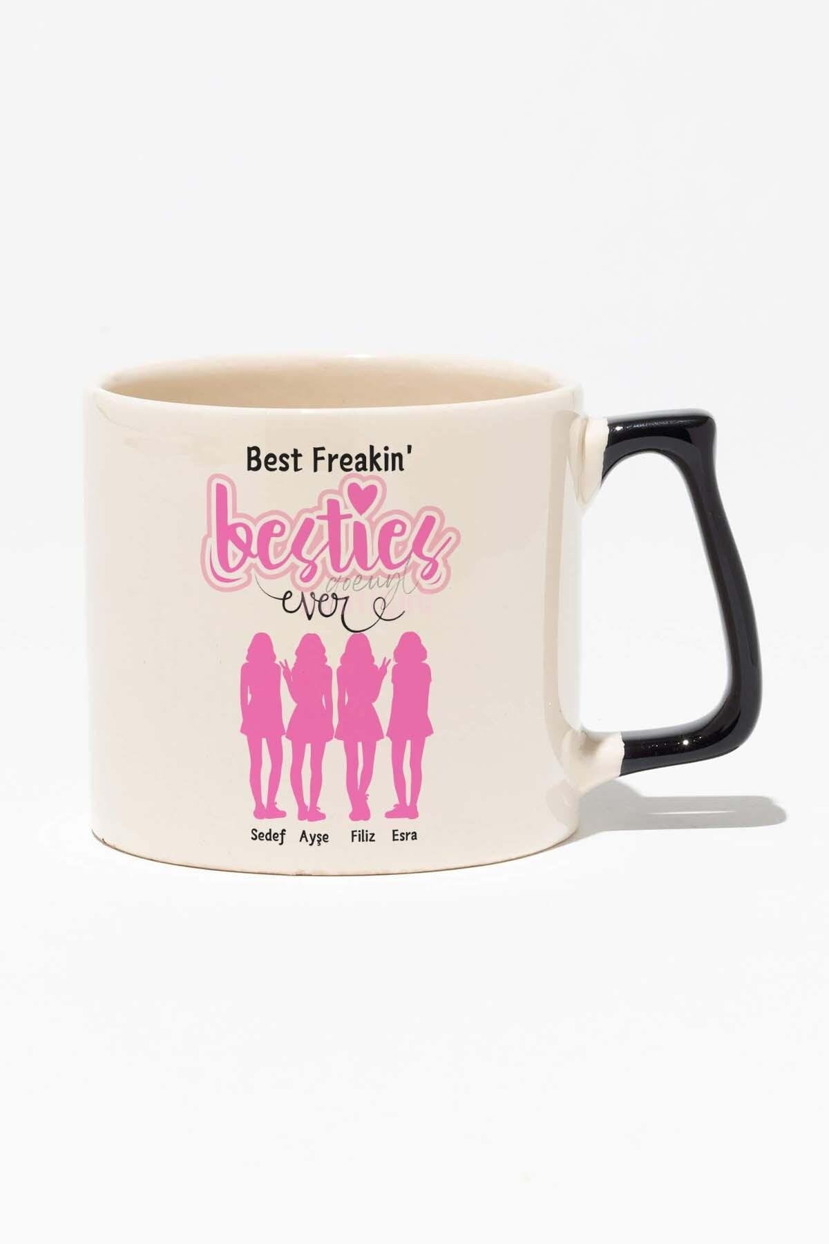 Gelmiş Geçmiş En İyi Arkadaş 4lü-Kişiselleştirilebilir Baskılı Siyah Kulplu Modern Seramik Kupa