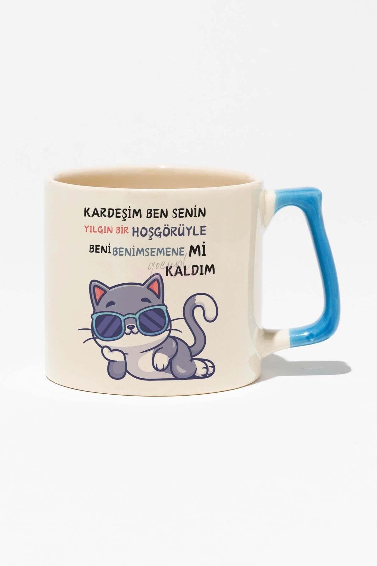 Gibi Dizisi Replikler-4 Eğlenceli Komik Hediyelik Beyaz Baskılı Mavi Kulplu Modern Seramik Kupa