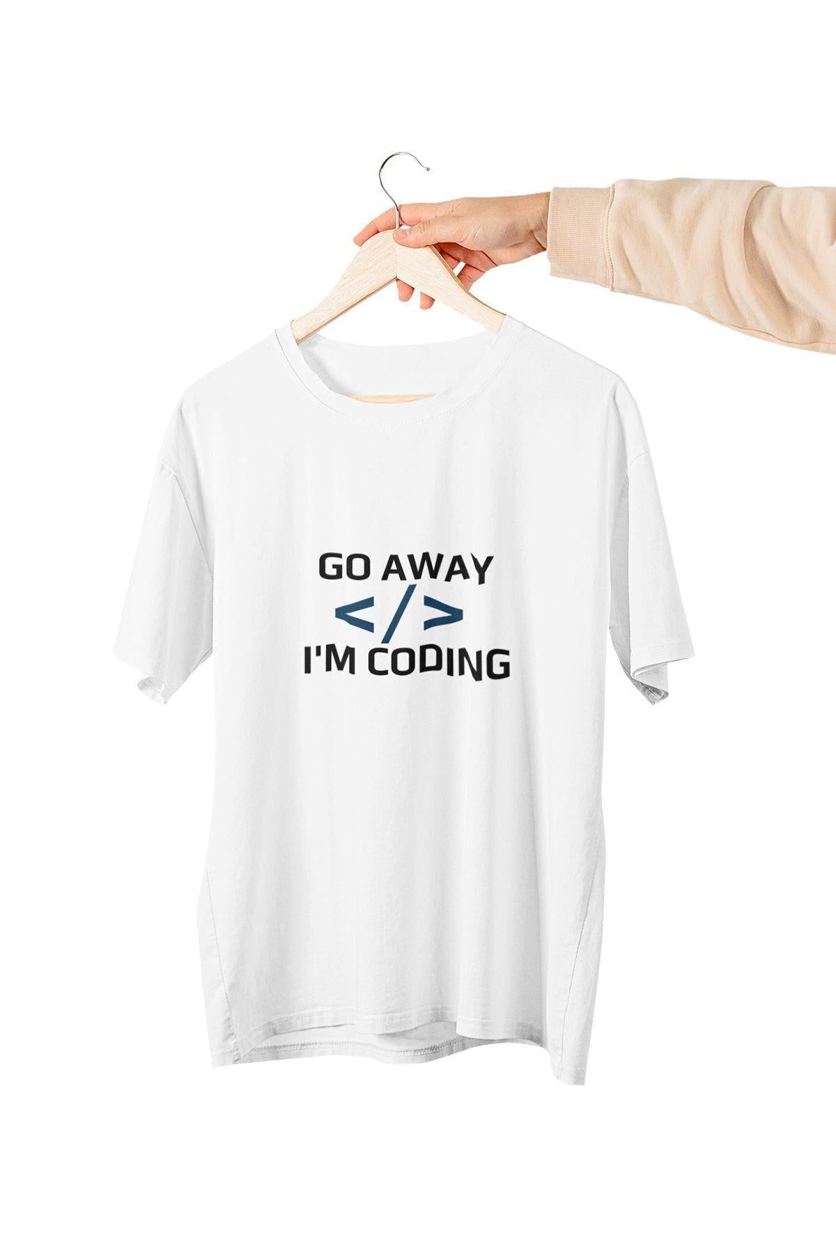Go Away I'm Coding Baskılı Yazılımcı Eğlenceli Hediyelik Beyaz Unisex T-Shirt