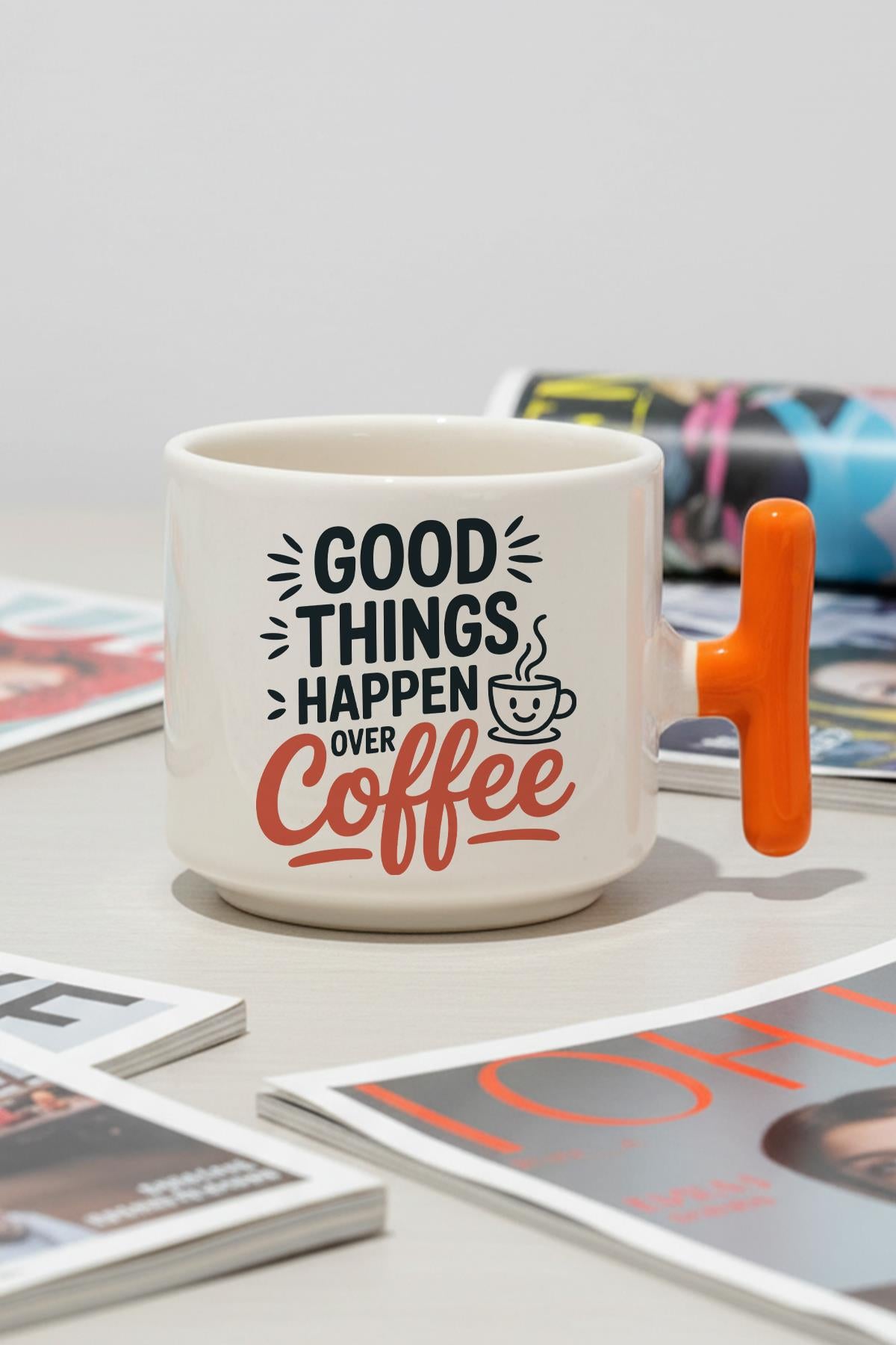 Good ThIngs Happen Over Coffee Baskılı Hediyelik T Kulplu Latte Fincanı Kupa Bardak