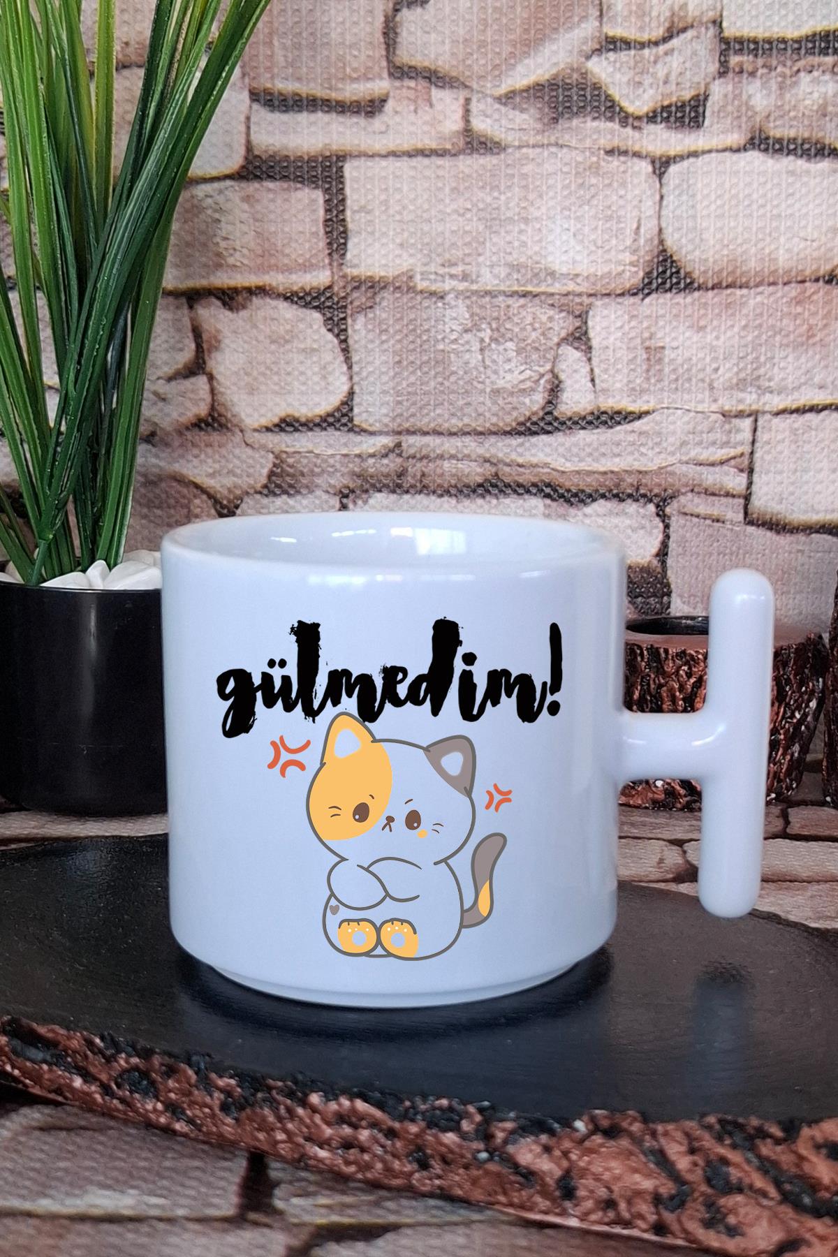 Gülmedim-Sevimli Kedi Baskılı Hediyelik Eğlenceli Komik T Kulplu Latte Fincanı Kupa Bardak