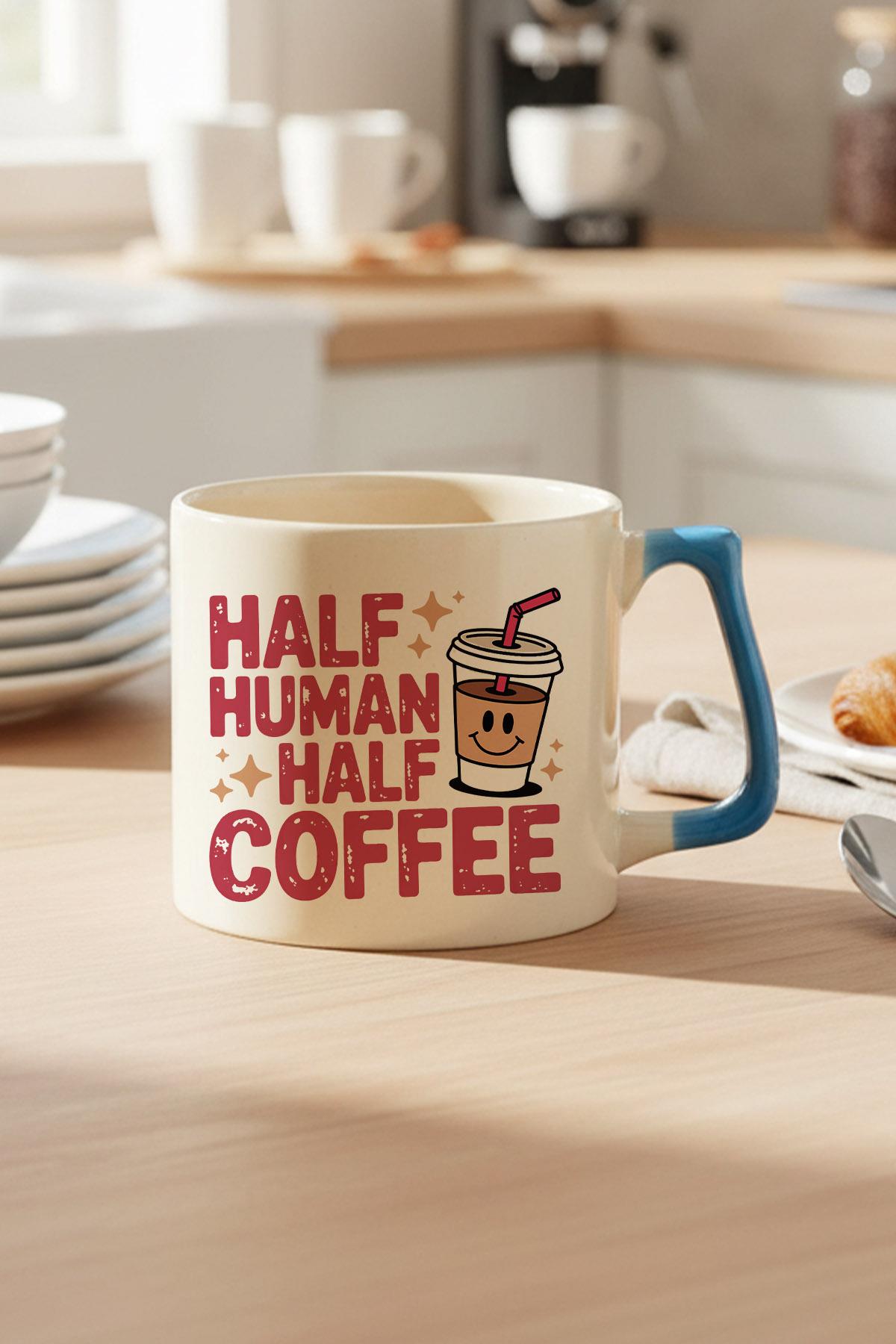 Half Human Half Coffee Baskılı Mavi D Kulplu Kupa Bardak