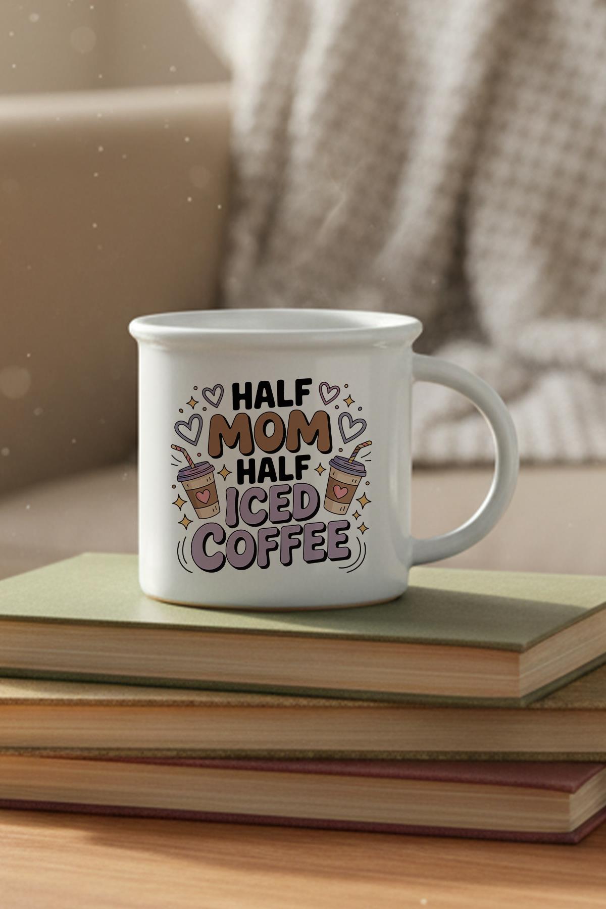 Half Mom Half Iced Coffee Baskılı Enamel Görünümlü Seramik Vintage Kupa Bardak