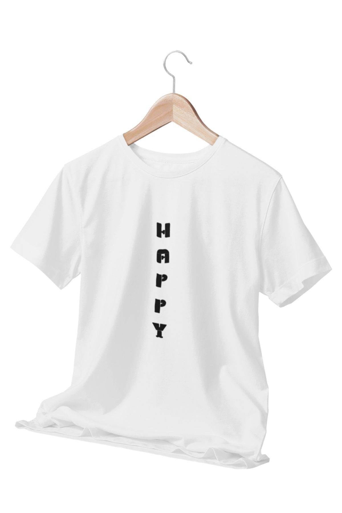 Happy Yazı Baskılı Beyaz Unisex T-Shirt