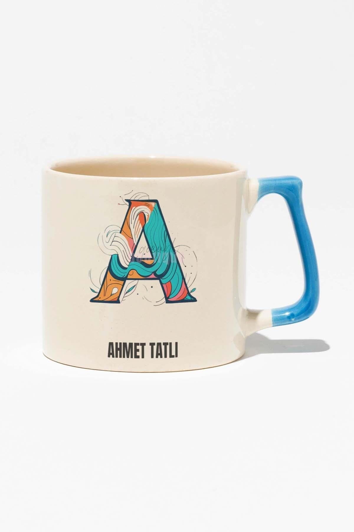 Harfli İsme Özel Baskılı Mavi Kulplu Modern Seramik Kupa