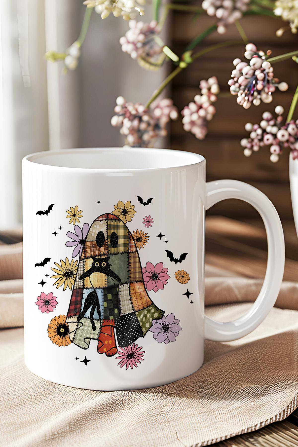 Hayalet Ve Sevimli Kedi Baskılı Hediyelik Kupa Bardak