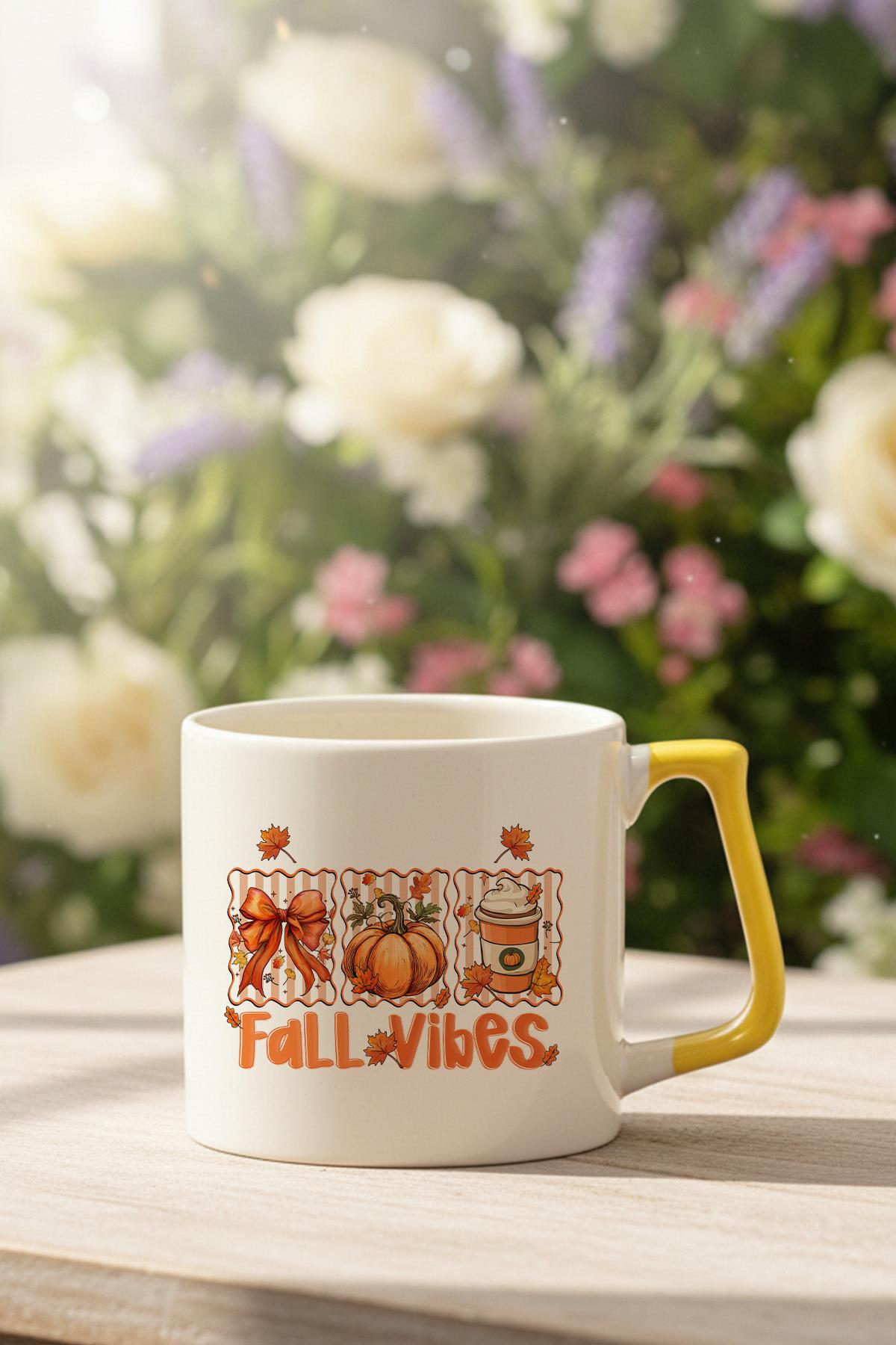 Hello Fall Vibes Baskılı Sarı D Kulplu Kupa Bardak