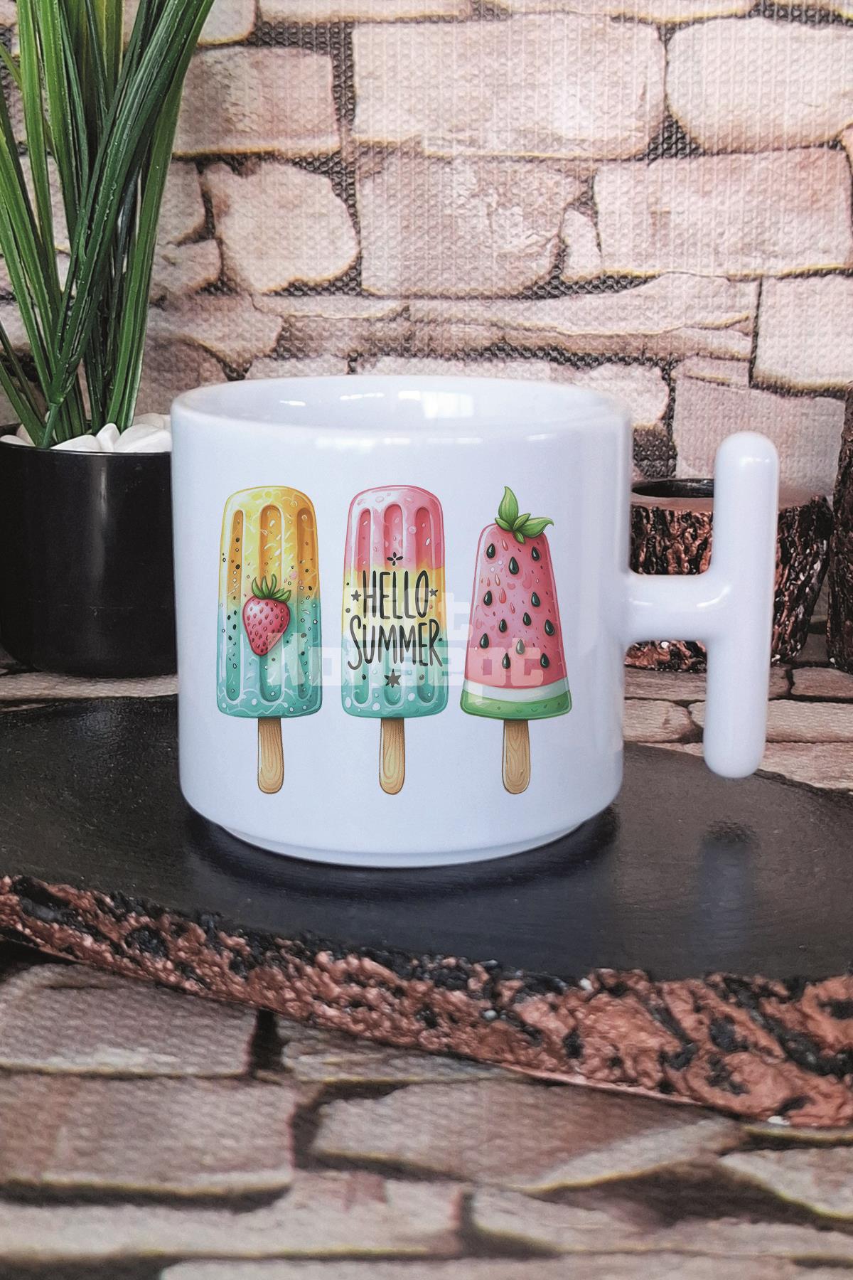 Hello Summer Dondurma Baskılı T Kulplu Latte Fincanı Kupa Bardak