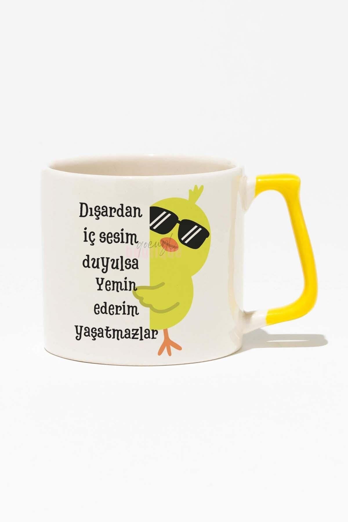 İç Sesimi Duysalar Yaşatmazlar-Civciv Komik Hediyelik Baskılı Sarı Kulplu Modern Seramik Kupa