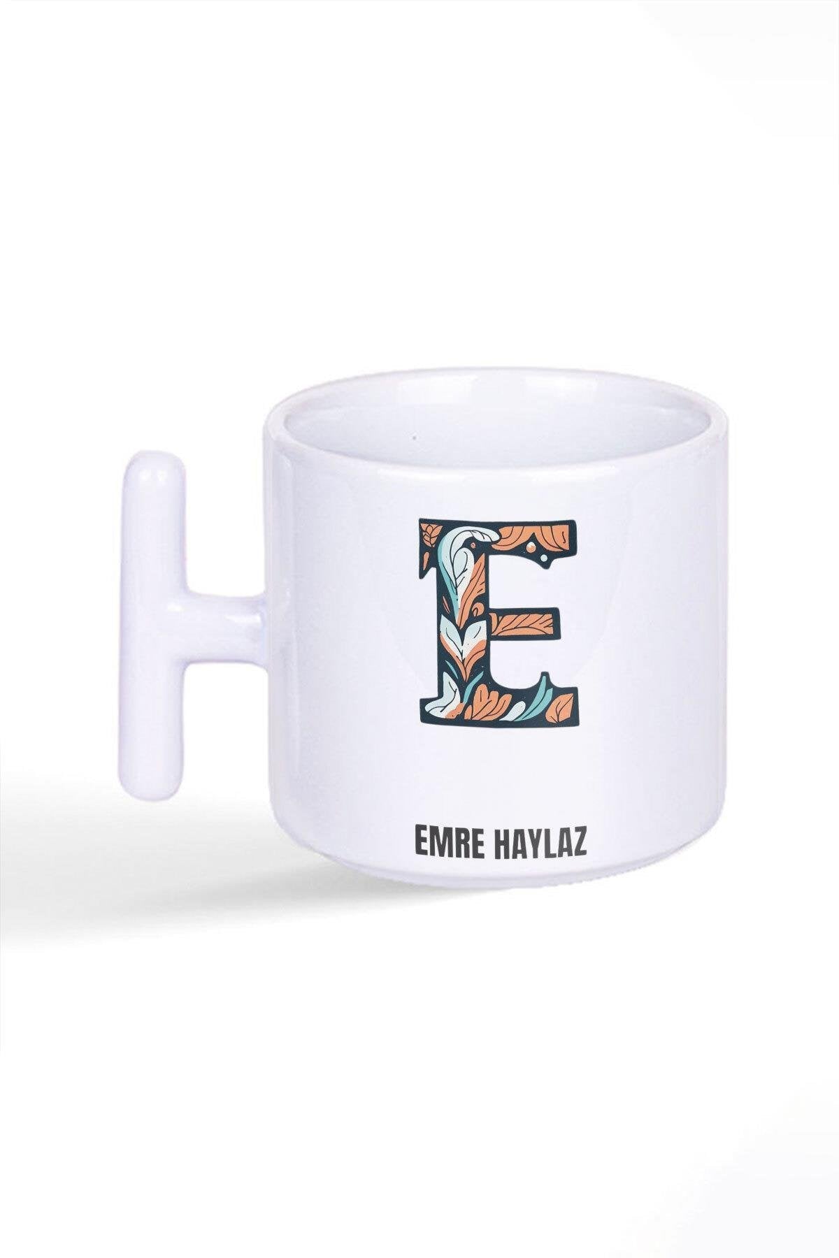 İsme Özel Kişiselleştirilebilir E Harfi Baskılı Latte Fincanı T Kulplu Kupa Bardak