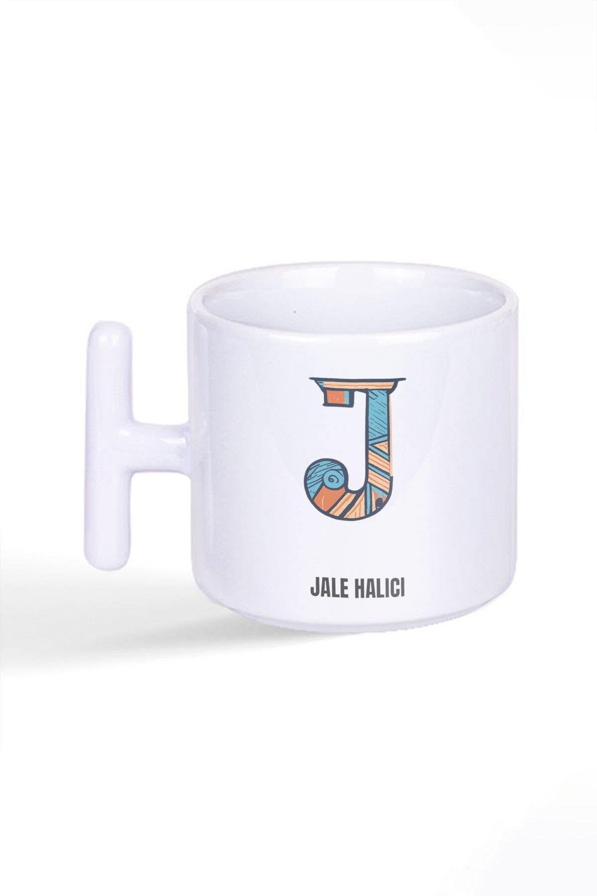 İsme Özel Kişiselleştirilebilir J Harfi Baskılı Latte Fincanı T Kulplu Kupa Bardak