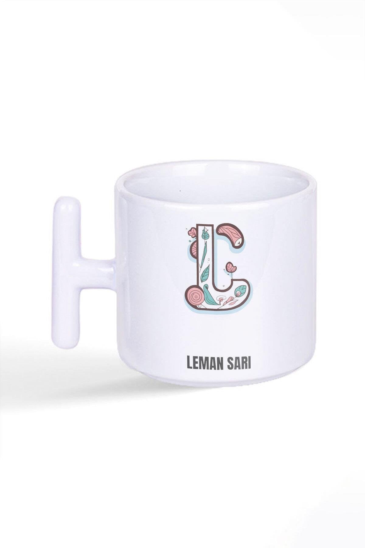 İsme Özel Kişiselleştirilebilir L Harfi Baskılı Latte Fincanı T Kulplu Kupa Bardak