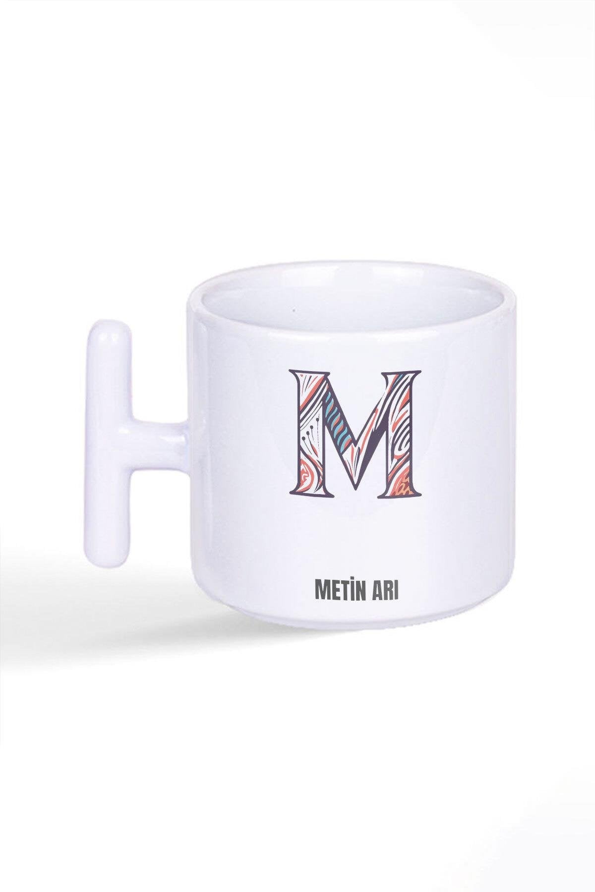 İsme Özel Kişiselleştirilebilir M Harfi Baskılı Latte Fincanı T Kulplu Kupa Bardak