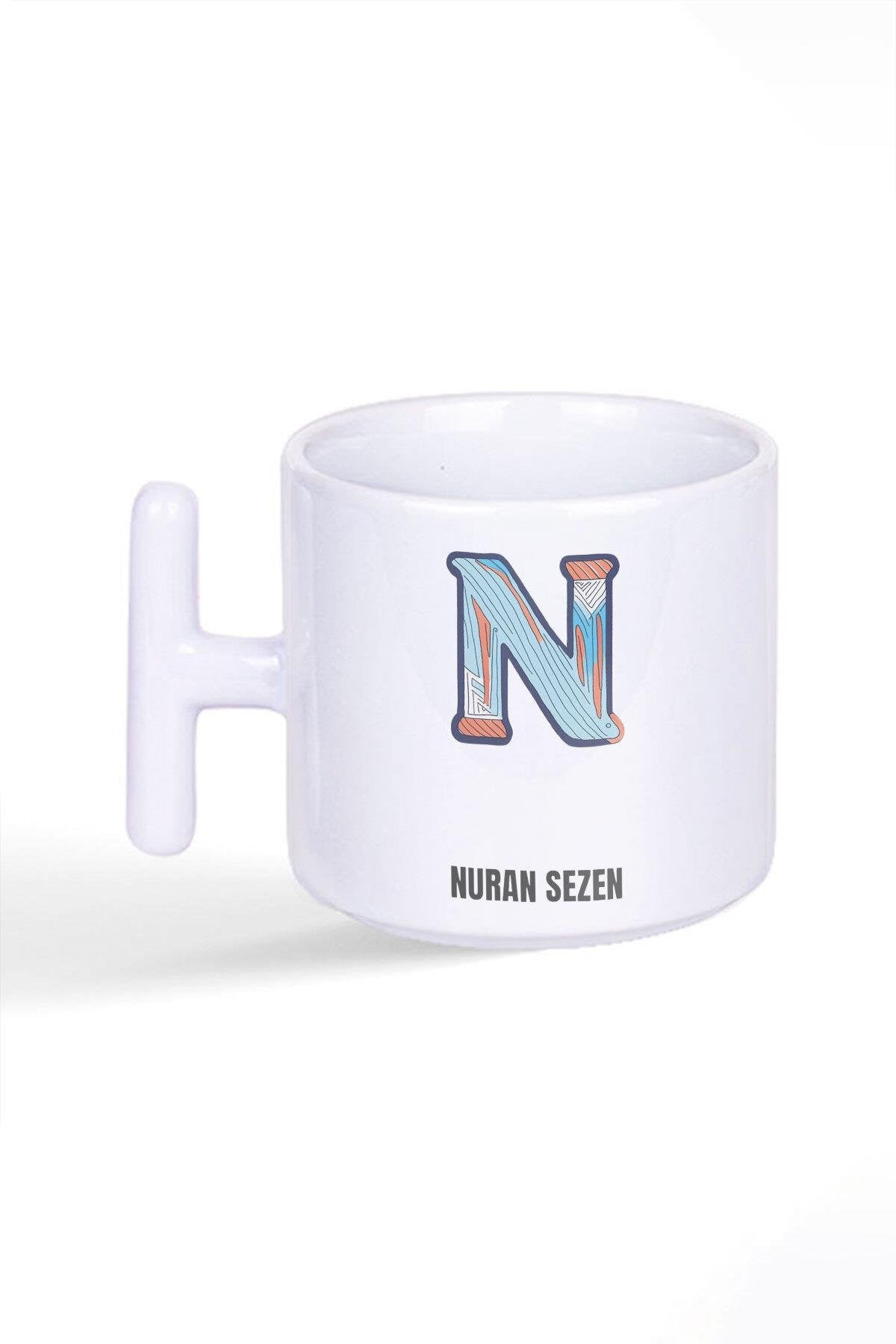 İsme Özel Kişiselleştirilebilir N Harfi Baskılı Latte Fincanı T Kulplu Kupa Bardak