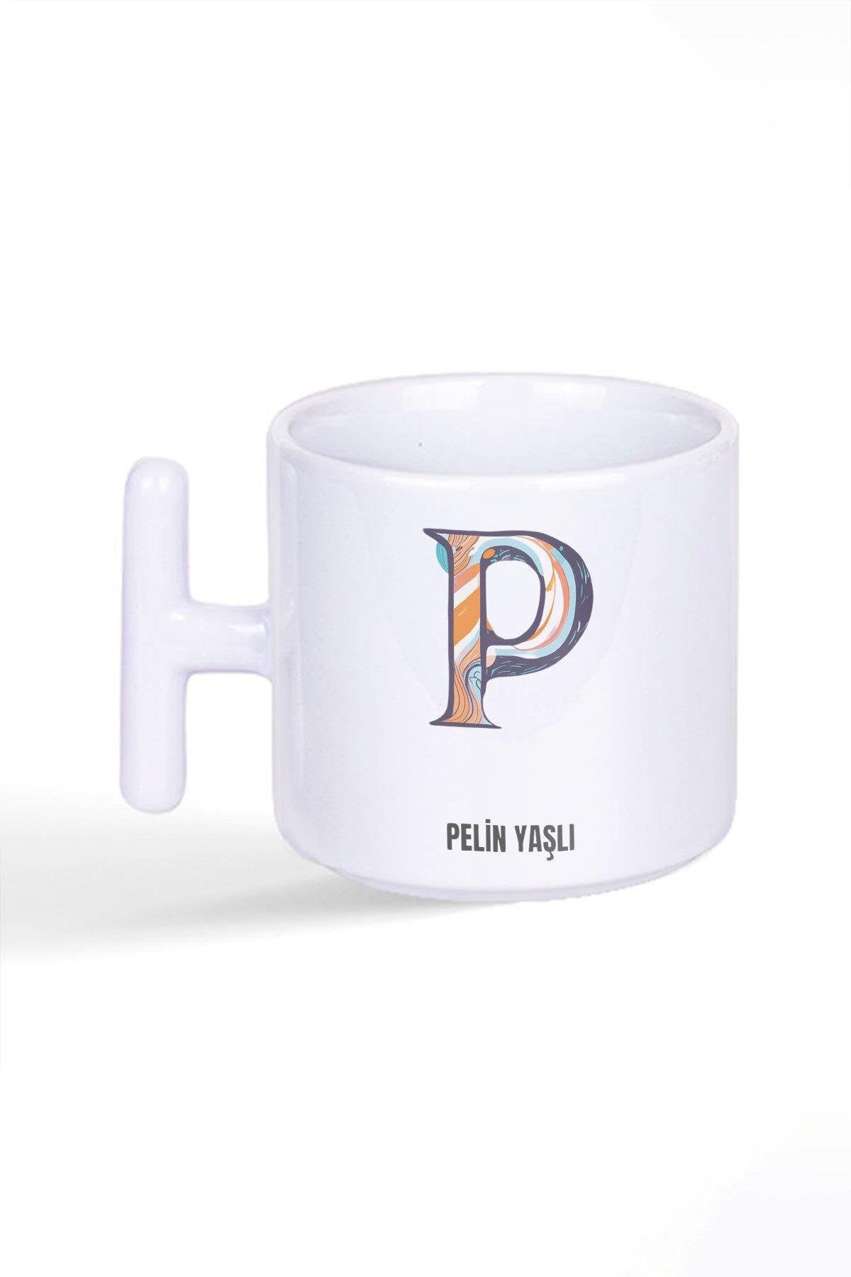 İsme Özel Kişiselleştirilebilir P Harfi Baskılı Latte Fincanı T Kulplu Kupa Bardak