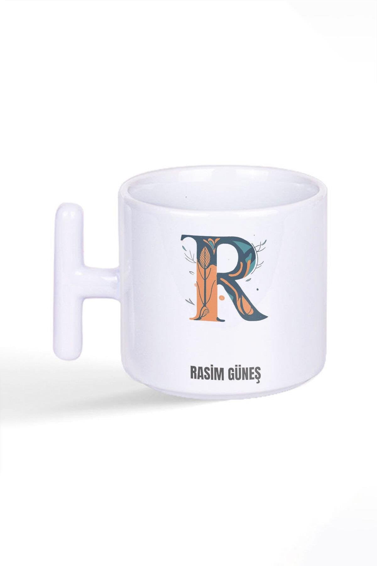 İsme Özel Kişiselleştirilebilir R Harfi Baskılı Latte Fincanı T Kulplu Kupa Bardak