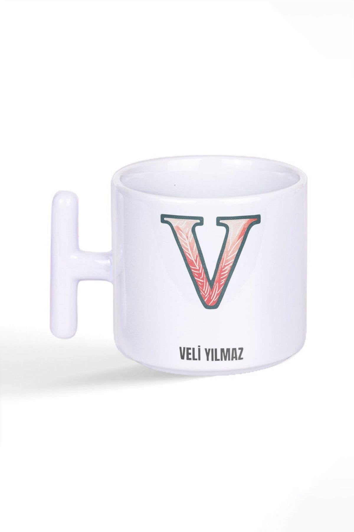 İsme Özel Kişiselleştirilebilir V Harfi Baskılı Latte Fincanı T Kulplu Kupa Bardak