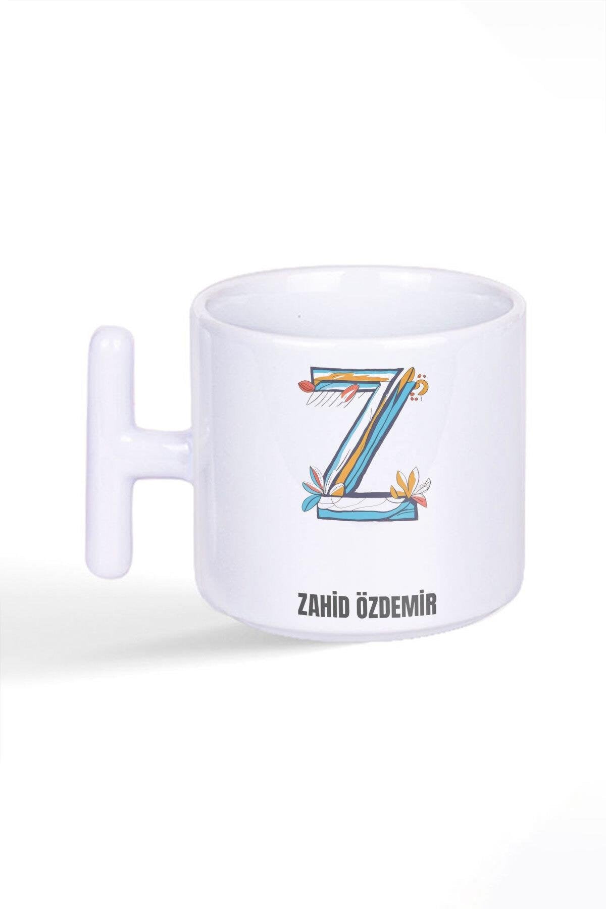 İsme Özel Kişiselleştirilebilir Z Harfi Baskılı Latte Fincanı T Kulplu Kupa Bardak
