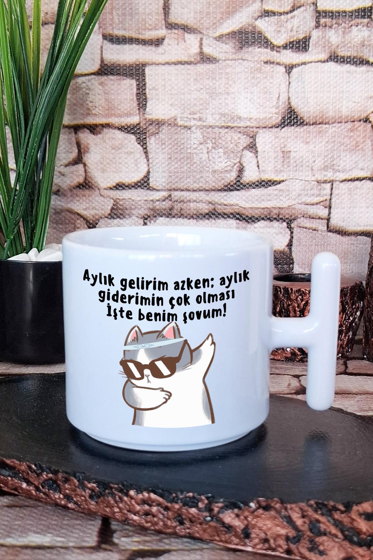 İşte Benim Şovum Cool Kedi Baskılı Eğlenceli Komik Hediyelik T Kulplu Latte Fincanı Kupa Bardak