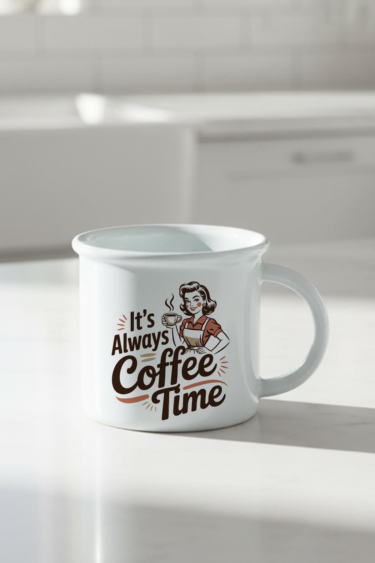 Its Always Coffee Time Baskılı Enamel Görünümlü Seramik Vintage Kupa Bardak