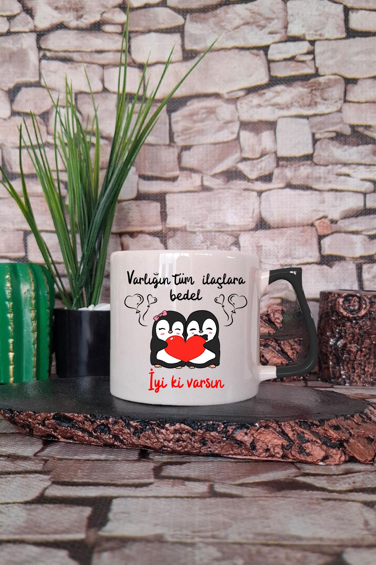 İyi ki Varsın-Penguen Baskılı Eş, Sevgili, Arkadaşa Hediyelik Renkli Kulplu Fincan-Kupa Bardak