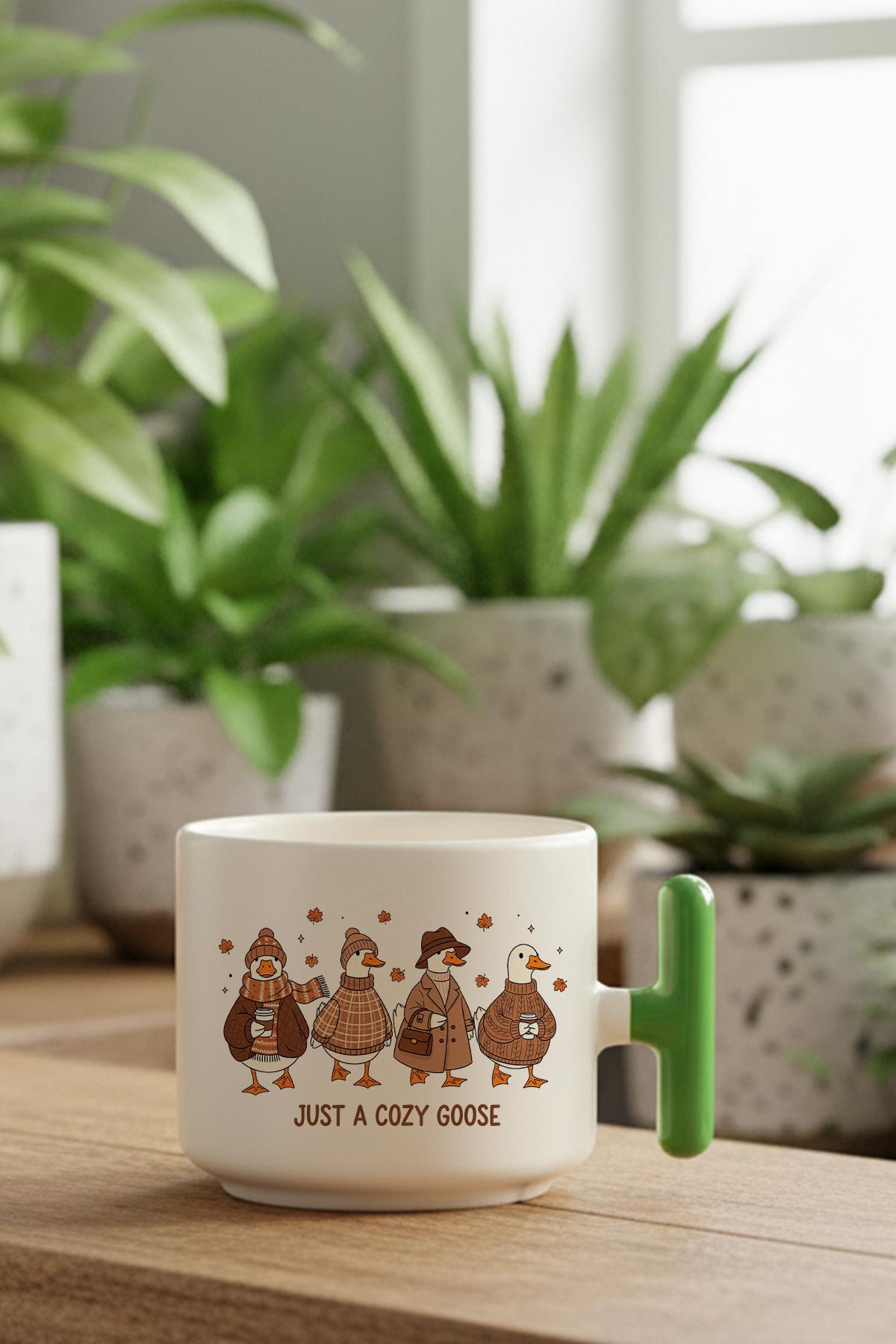 Just a Cozy Goose Sonbahar Sevimli Kazlar Baskılı Hediyelik T Kulplu Latte Fincanı Kupa Bardak