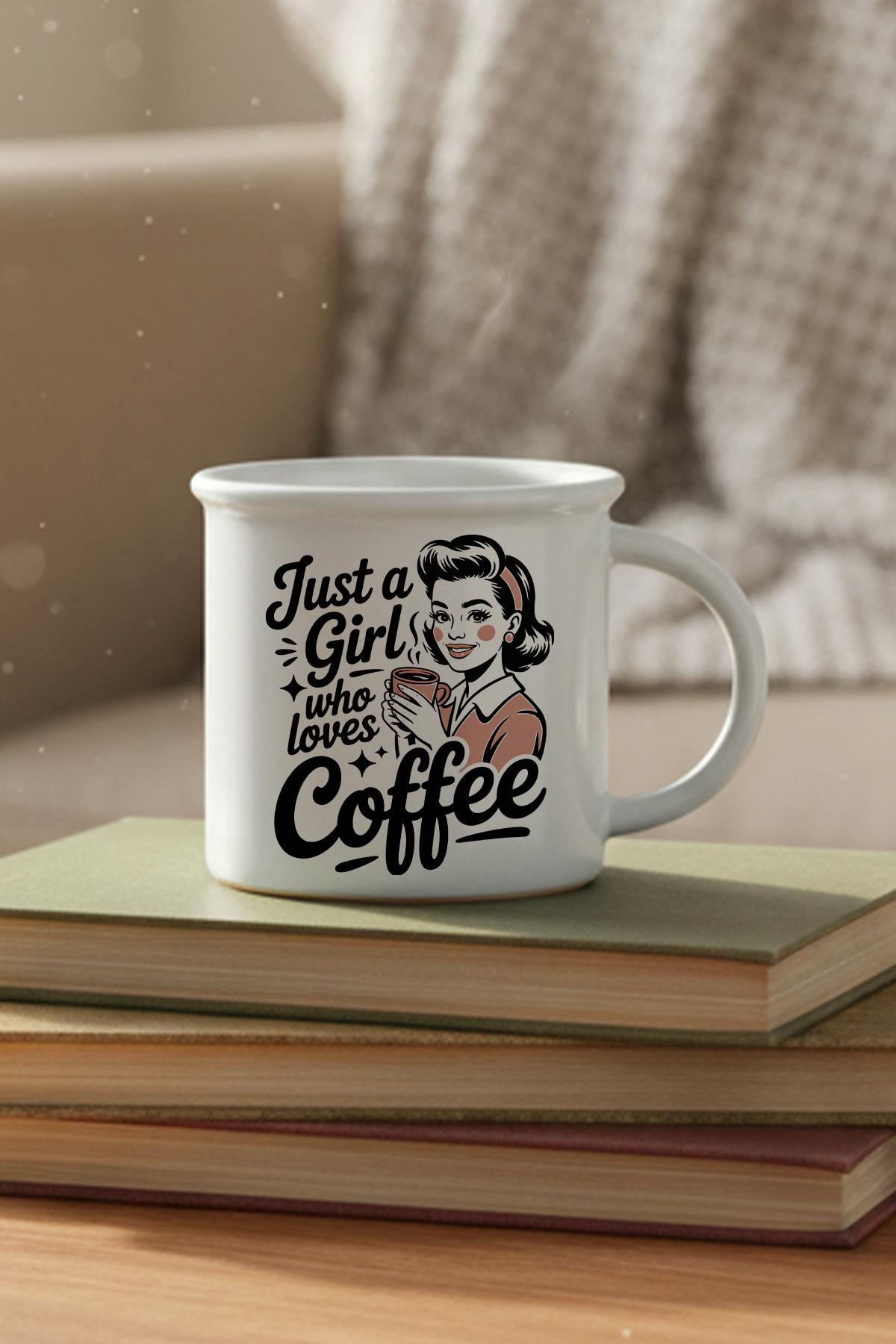 Just A Girl Who Loves Coffee Baskılı Enamel Görünümlü Seramik Vintage Kupa Bardak