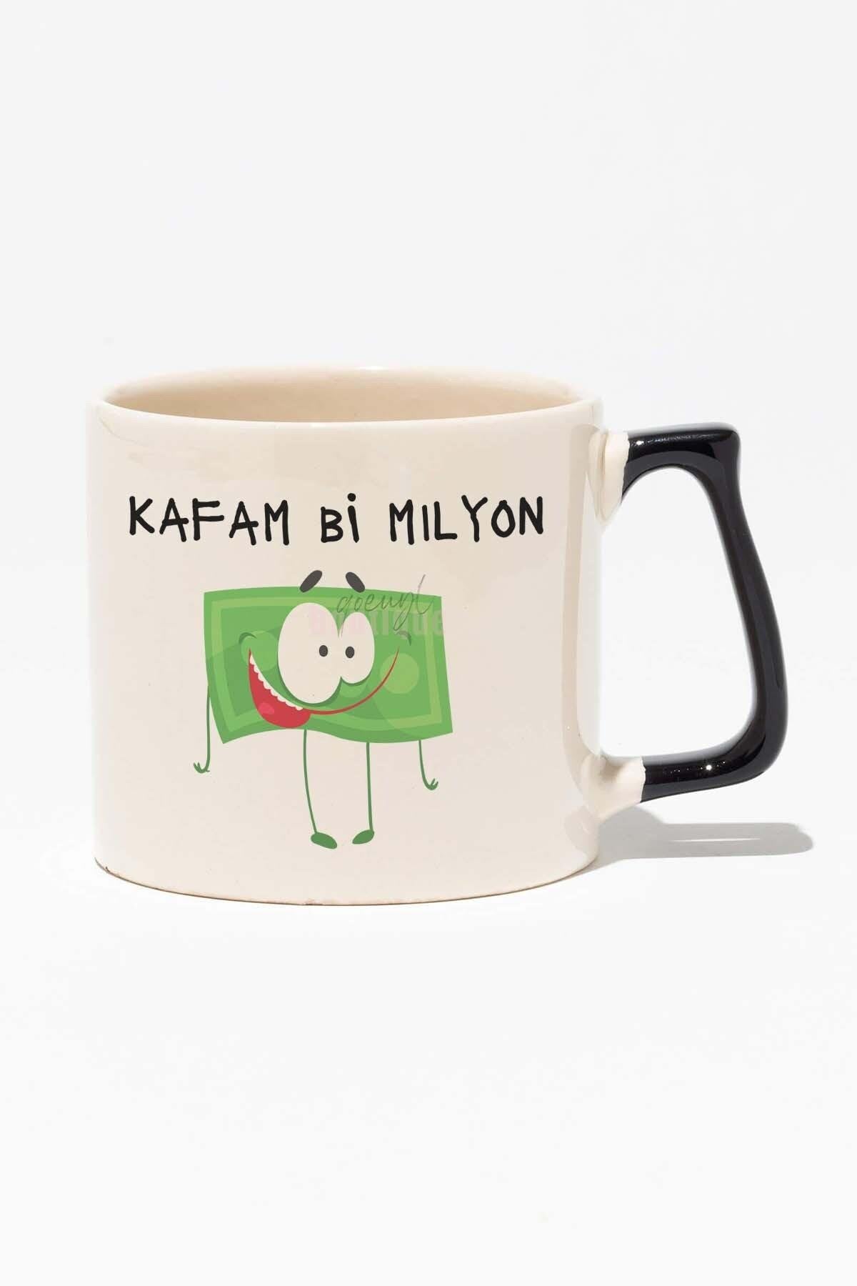 Kafam Bi Milyon Eğlenceli Komik Hediyelik Beyaz Baskılı Siyah Kulplu Modern Seramik Kupa