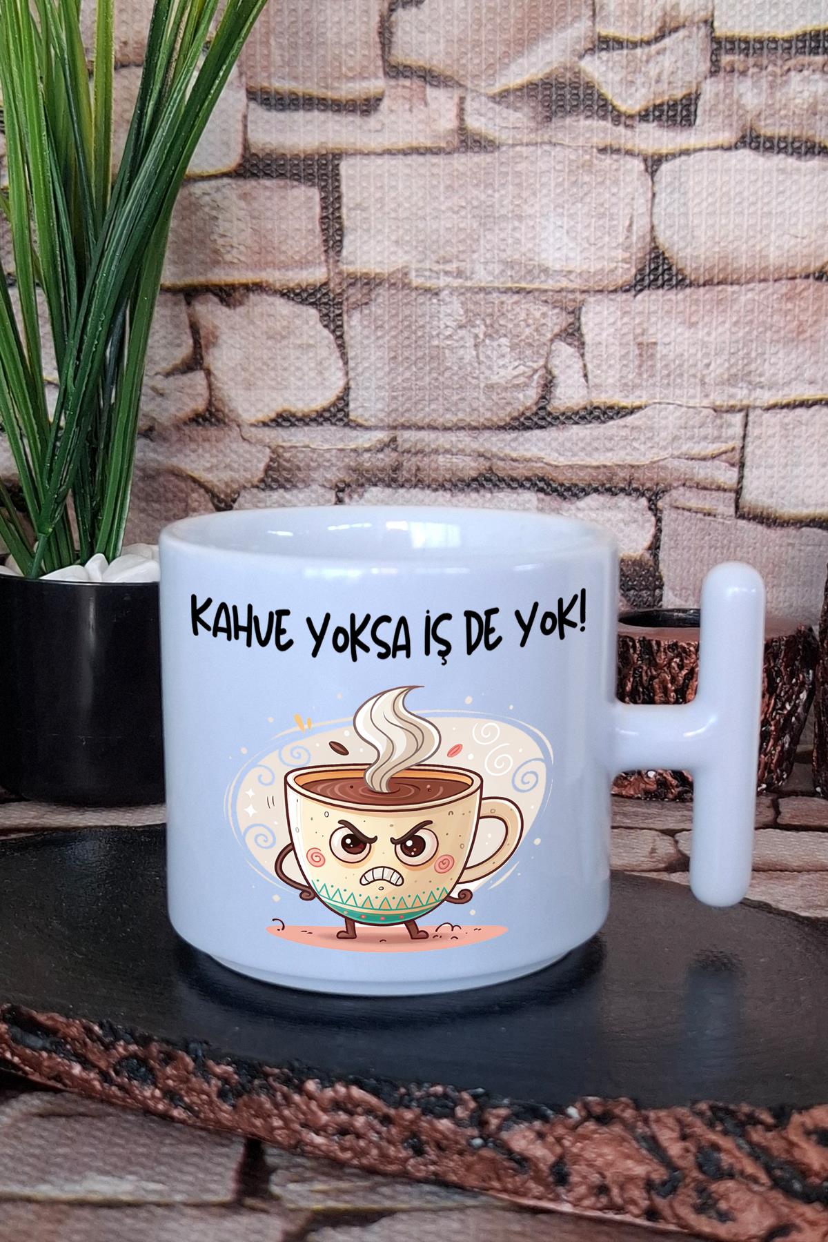 Kahve Yoksa İş De Yok Baskılı Eğlenceli Komik Hediyelik T Kulplu Latte Fincanı Kupa Bardak