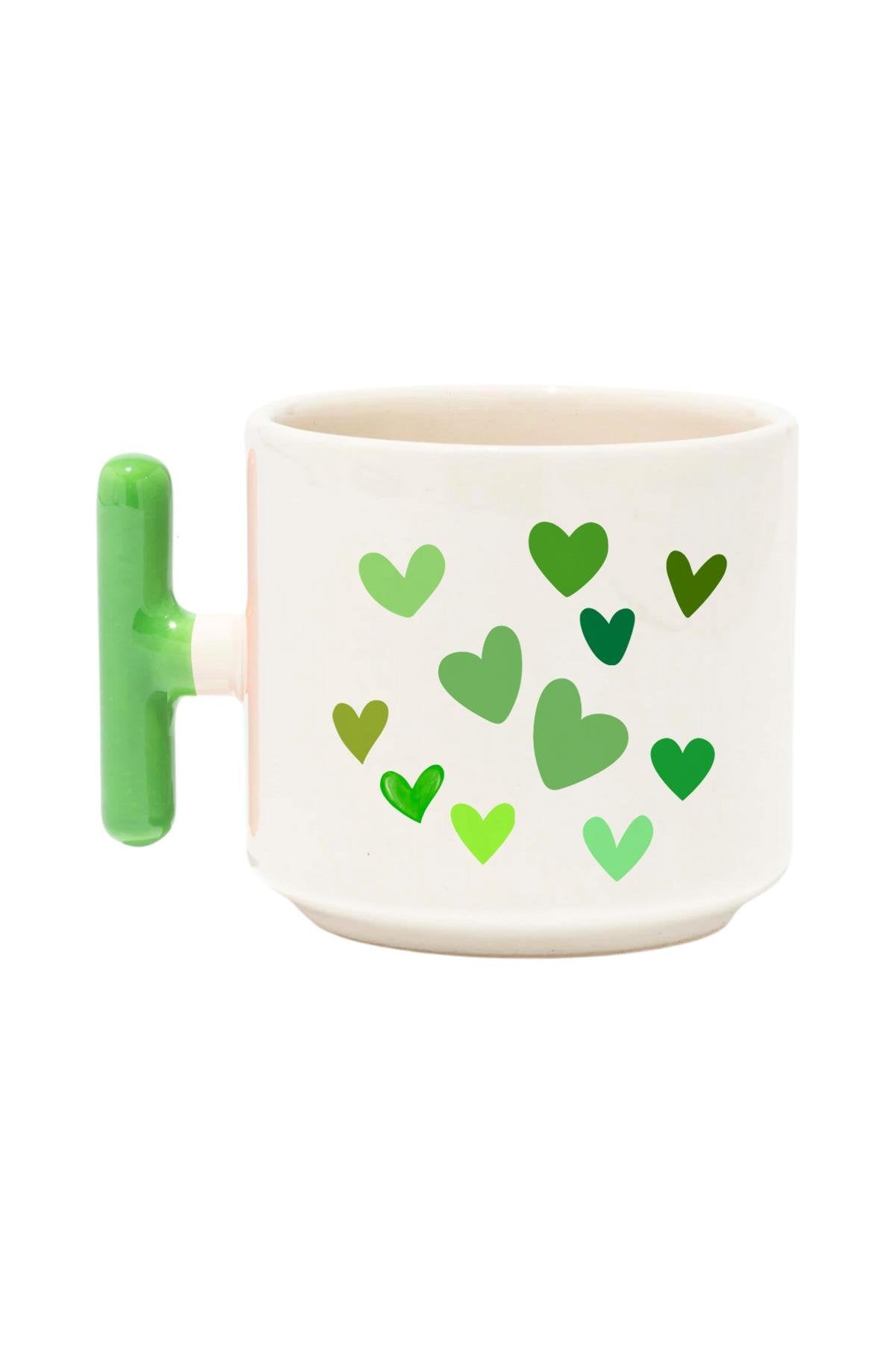 Kalp Süslemeli Renkli T Kulplu Hediyelik Latte Fincanı Kupa Bardak