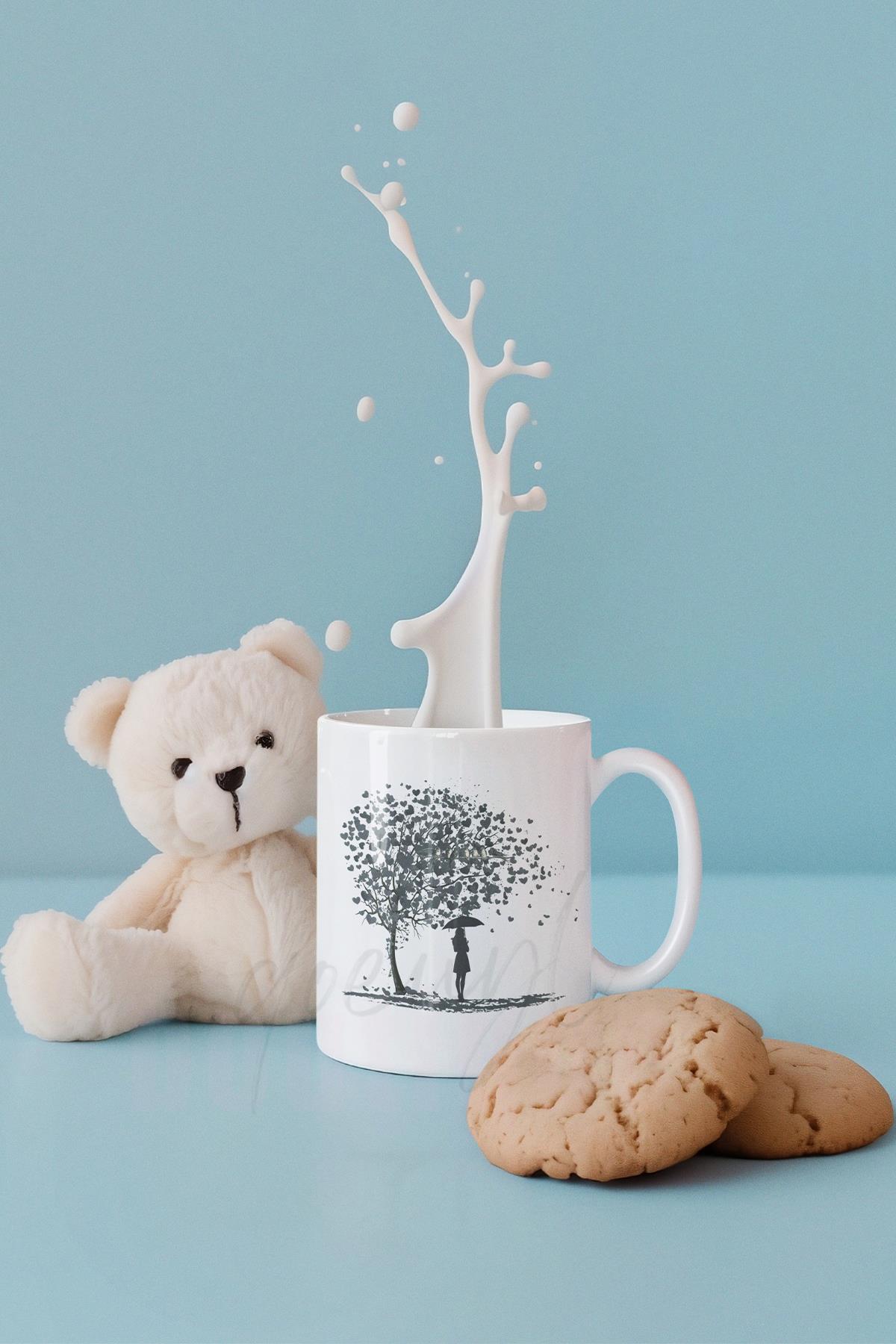 Kalp Yapraklı Hayat Ağacı ve Kuş Baskılı Romantik Hediyelik Beyaz Kupa Bardak