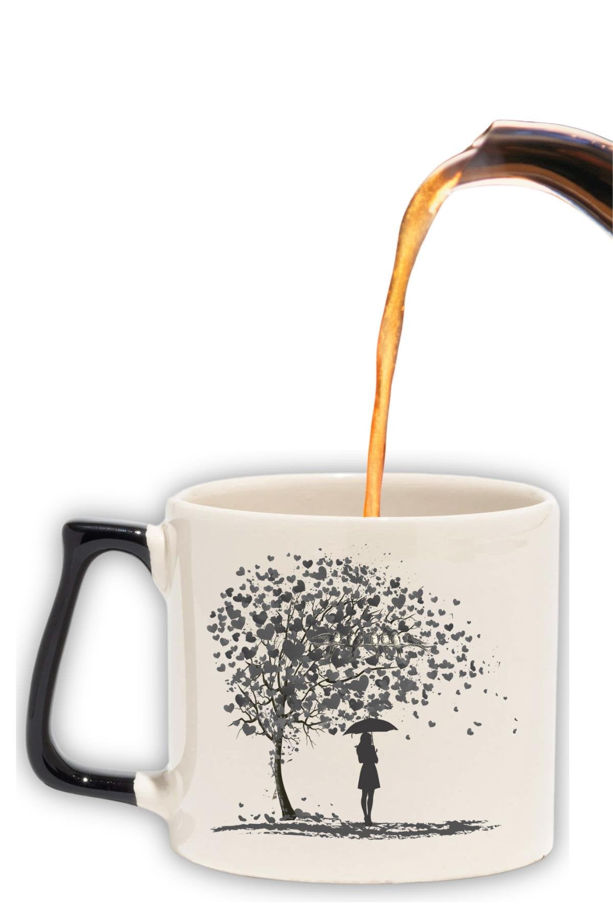 Kalp Yapraklı Hayat Ağacı ve Kuş Baskılı Romantik Hediyelik Renkli Kulplu Modern Seramik Kupa