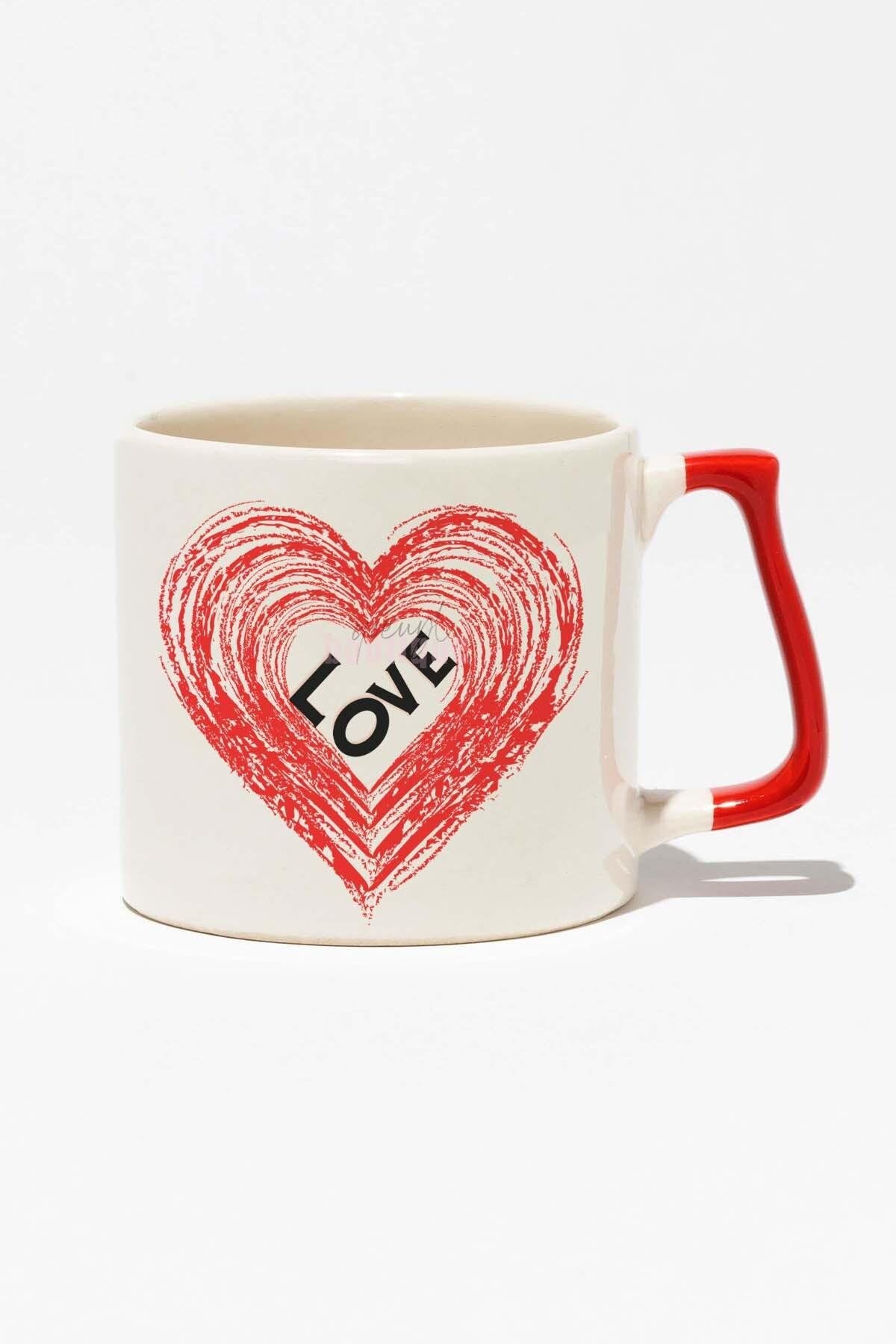 Kalpte Love Hediyelik Baskılı Kırmızı Kulplu Modern Seramik Kupa
