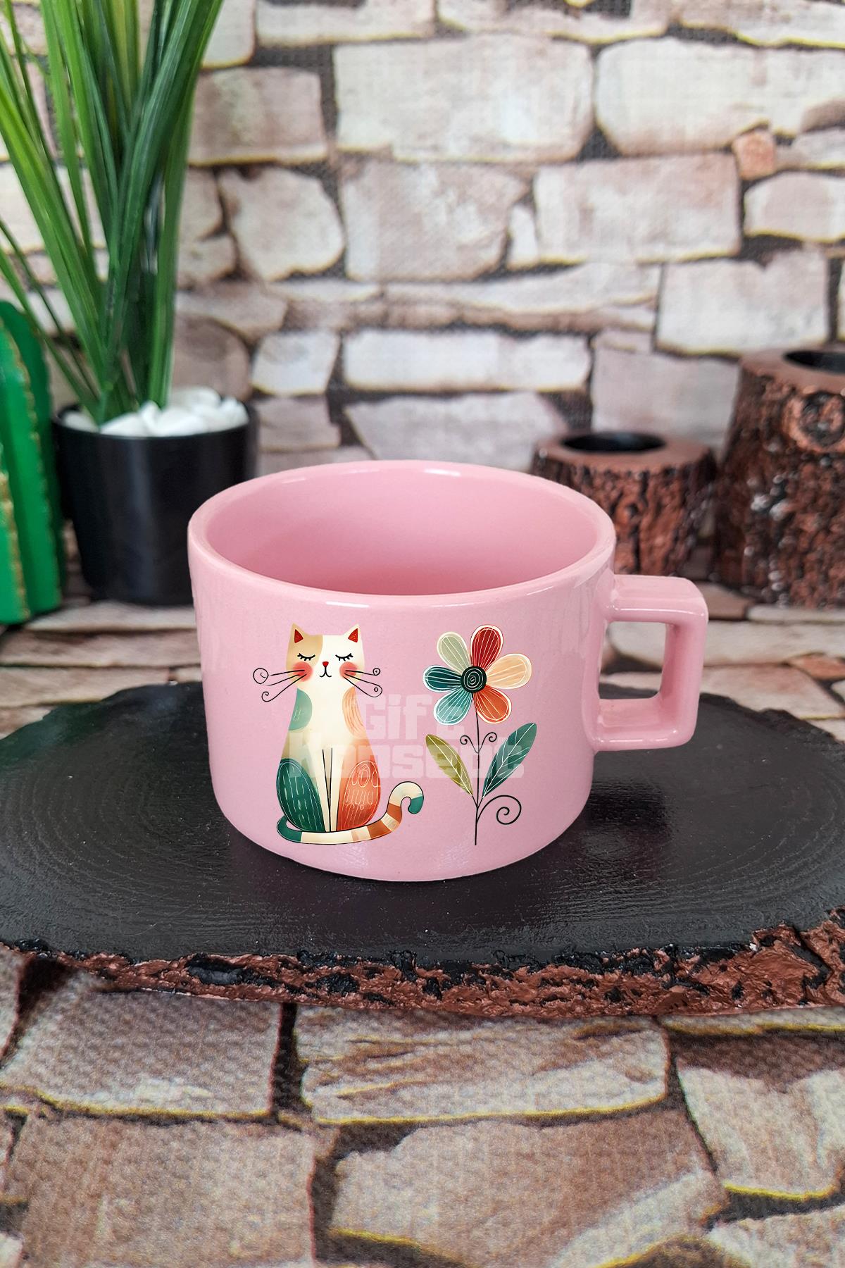 Kedi Komik Desenli Esprili Kedisever Kedi Sahibi Çizimi Kare Kulplu Fincan Mavi Kupa Bardak