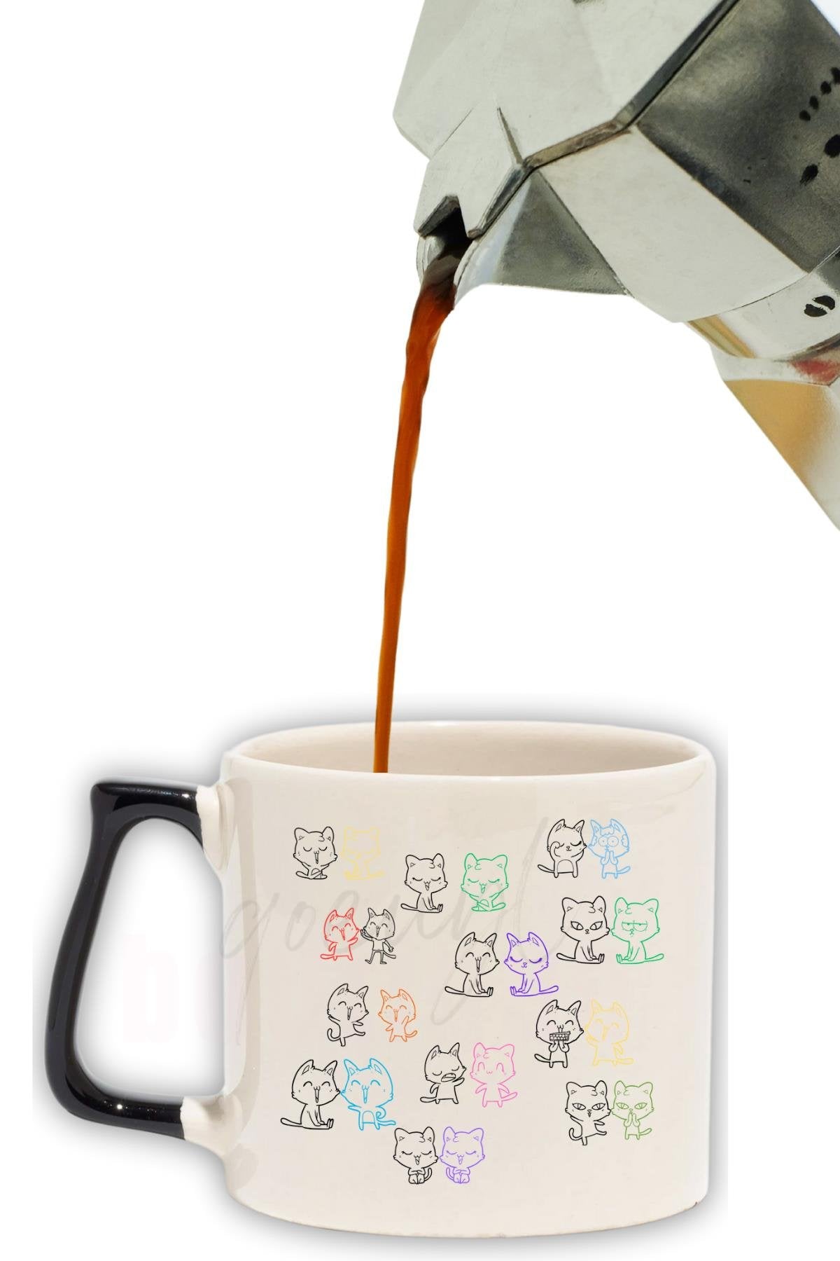 Kediler Mahallesi Baskılı Hediyelik Renkli Kulplu Modern Seramik Kupa