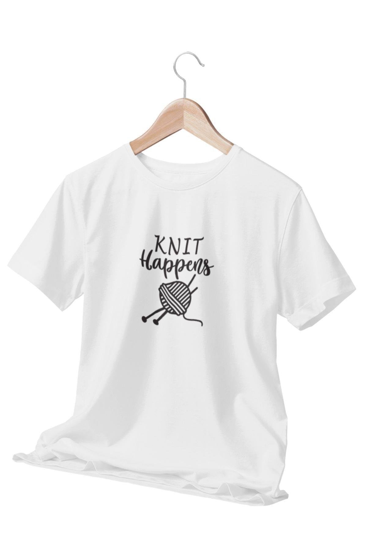 Knıt Happens Örgü Anne Doğum Günü Eğlenceli Hediyelik Beyaz Unisex T-Shirt