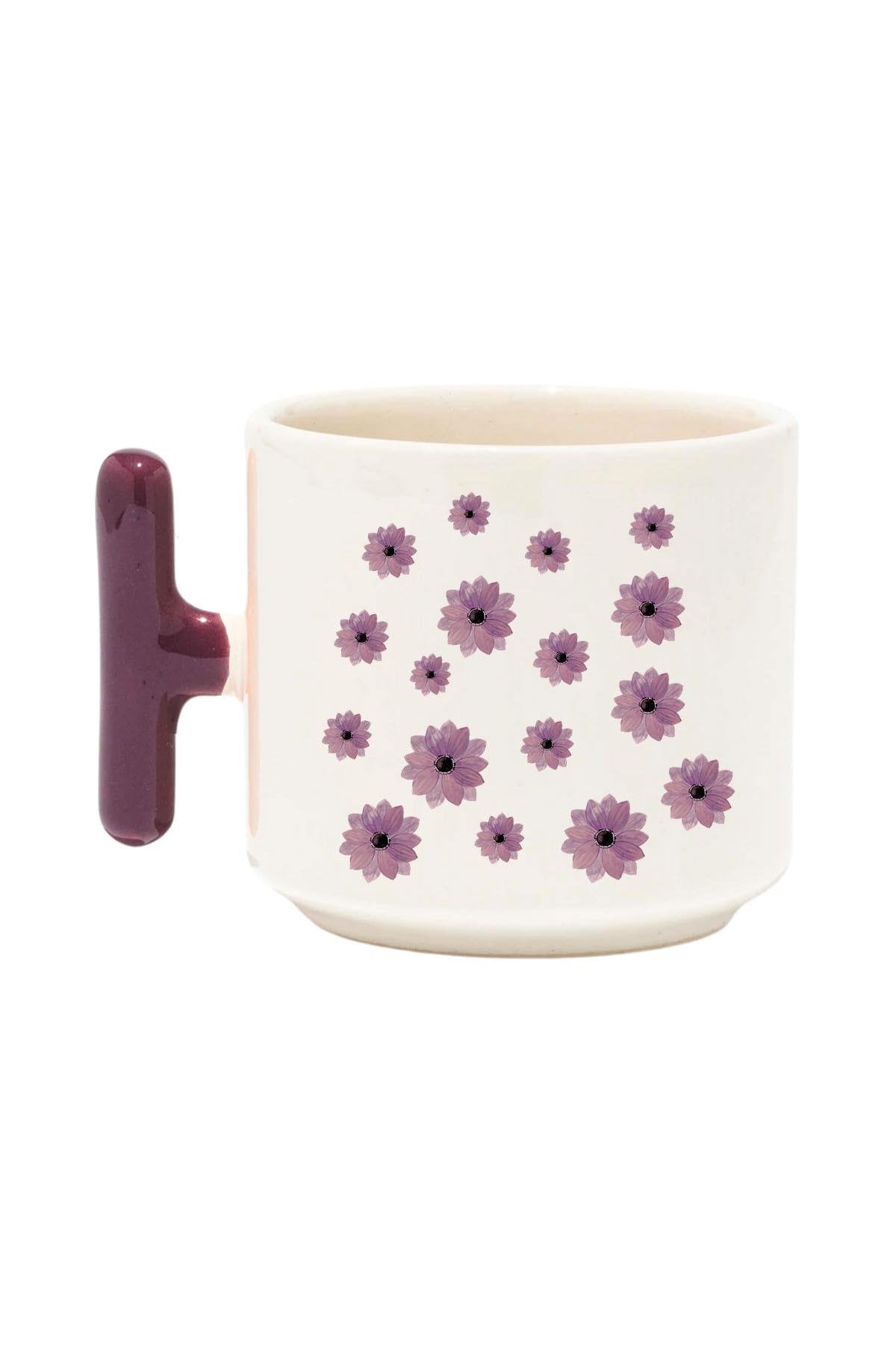 Lila Tonlarında Çiçekler Baskılı Renkli T Kulplu Latte Fincanı Kupa Bardak